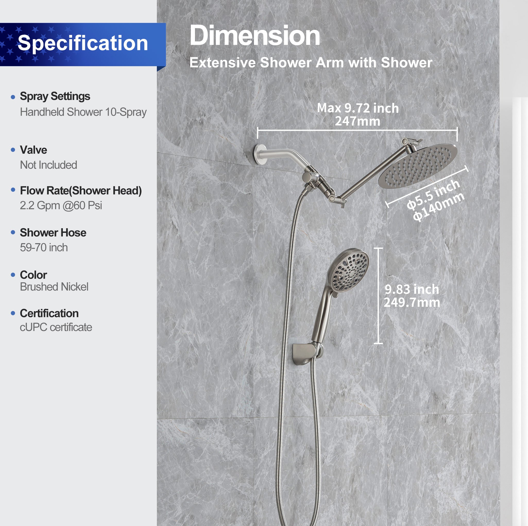 Shower system with Rain Shower Head and Handheld Shower RX2008