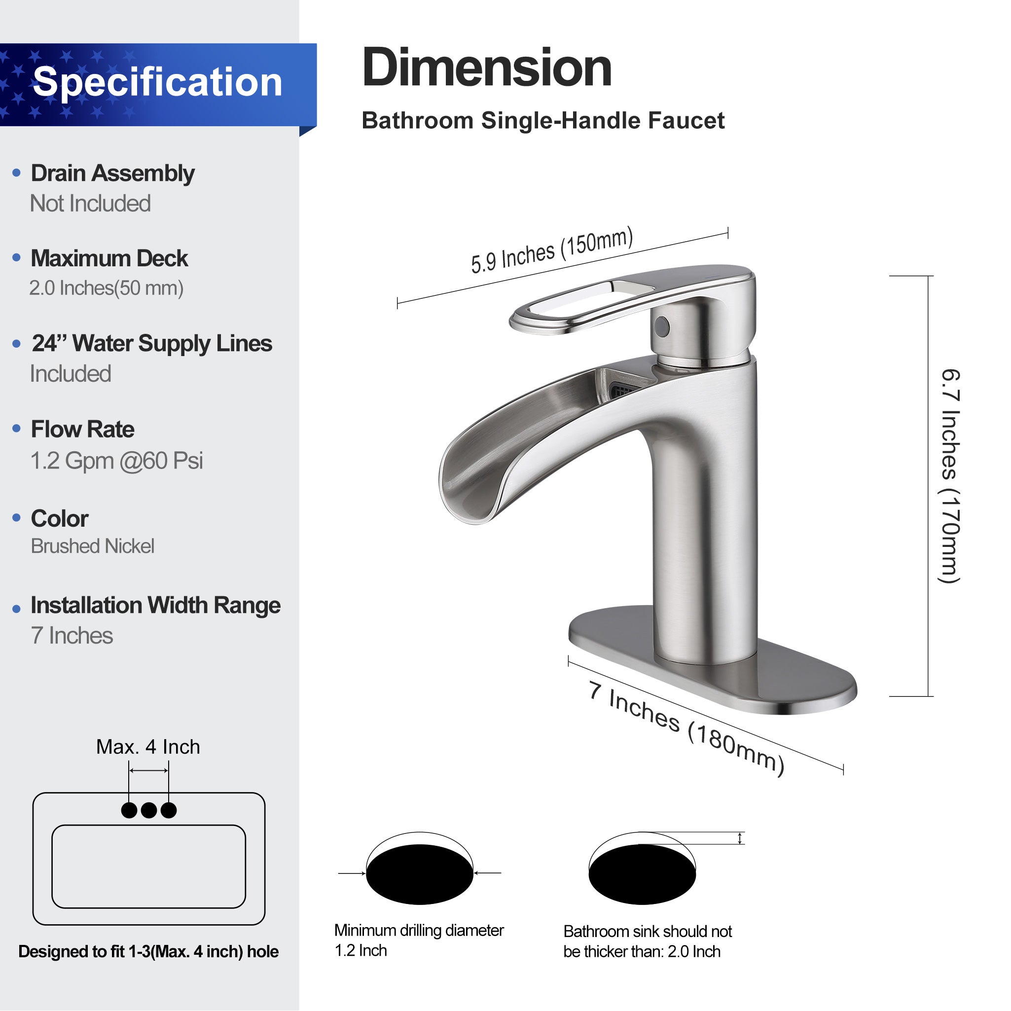 Waterfall Bathroom Faucet Specifications