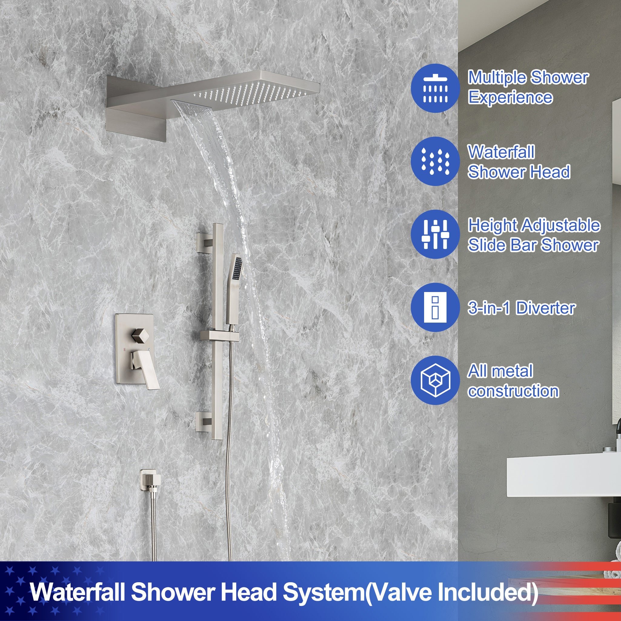 21.5"L Shower Head 3-way Wall-Mount Rectangle Shower Faucet with Rough-in Valve RX93108