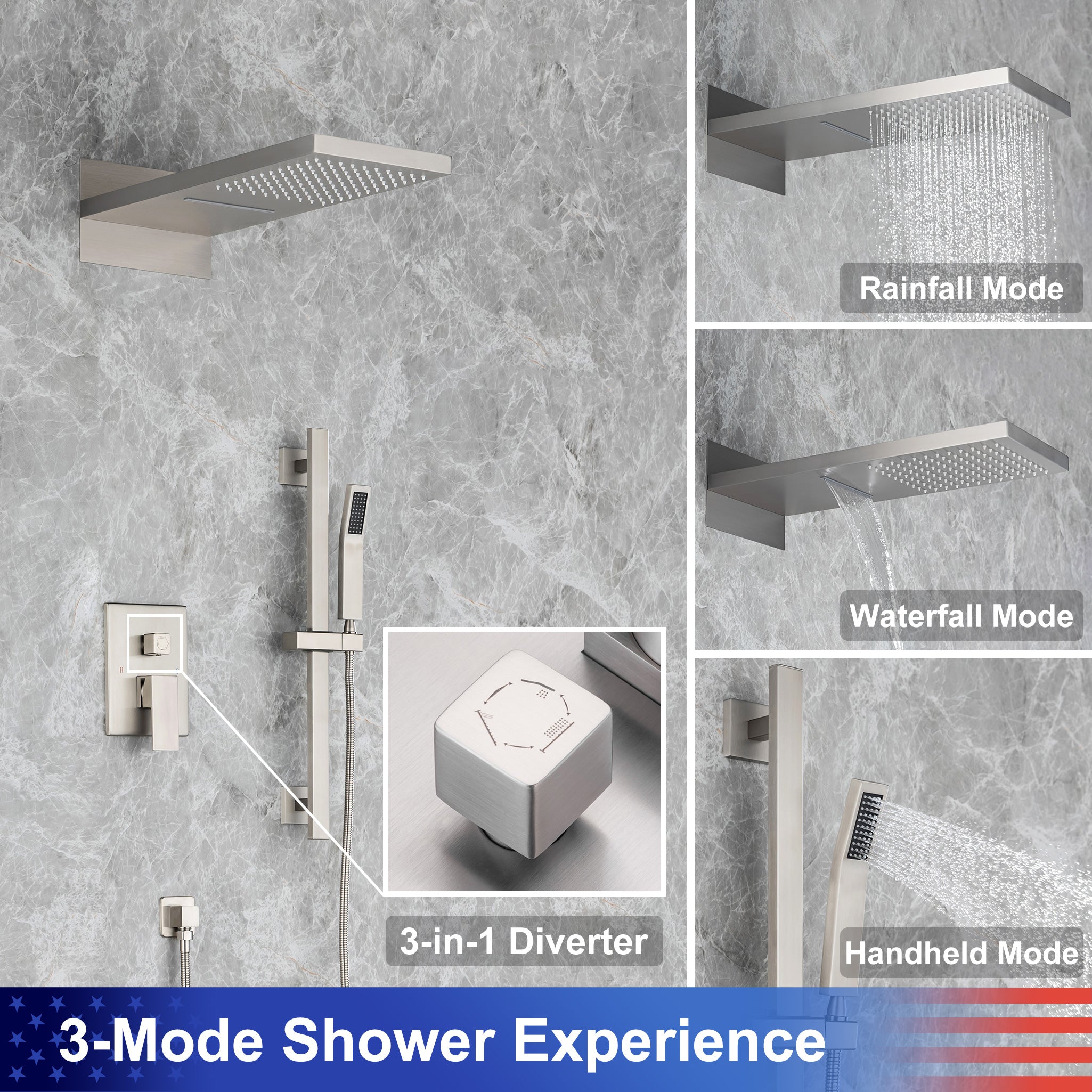 21.5"L Shower Head 3-way Wall-Mount Rectangle Shower Faucet with Rough-in Valve RX93108