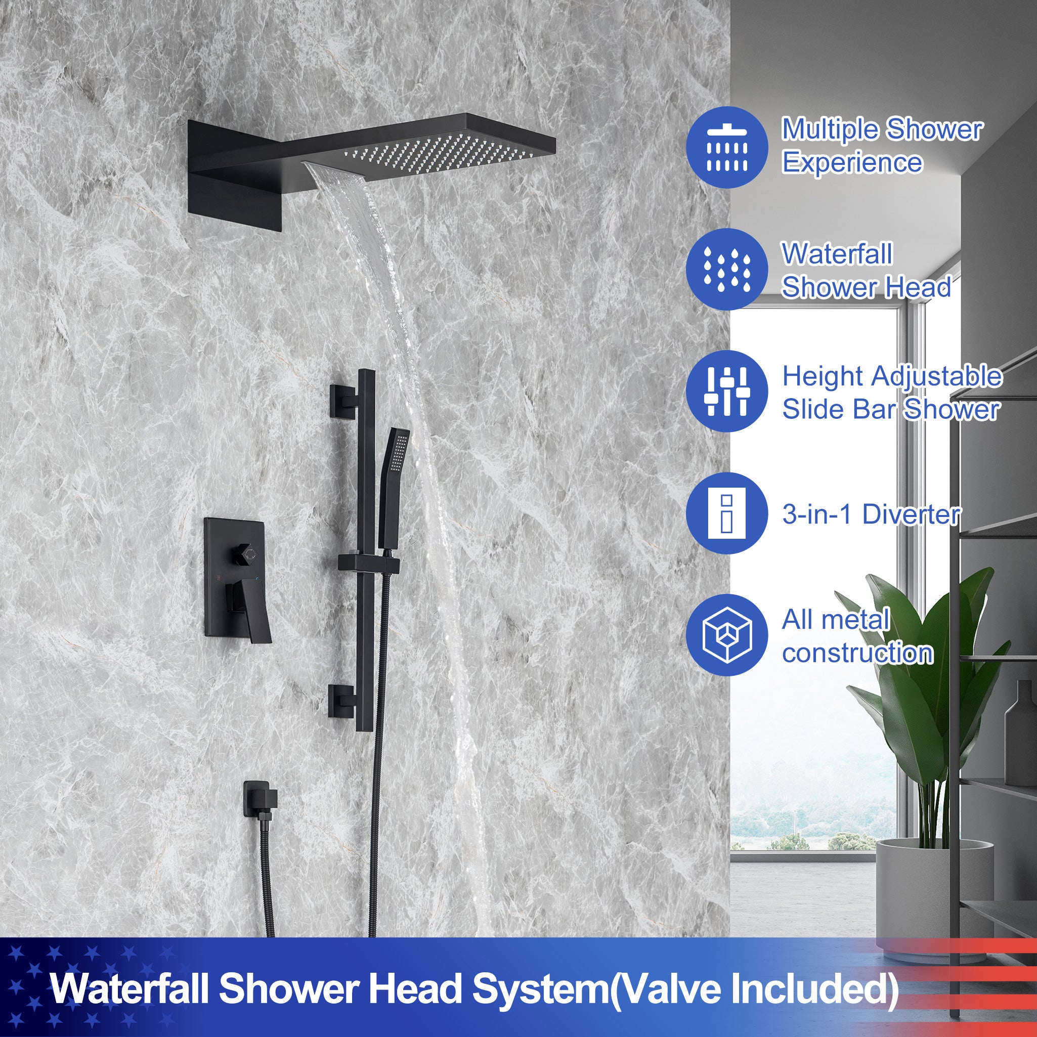 21.5"L Shower Head 3-way Wall-Mount Rectangle Shower Faucet with Rough-in Valve RX93108