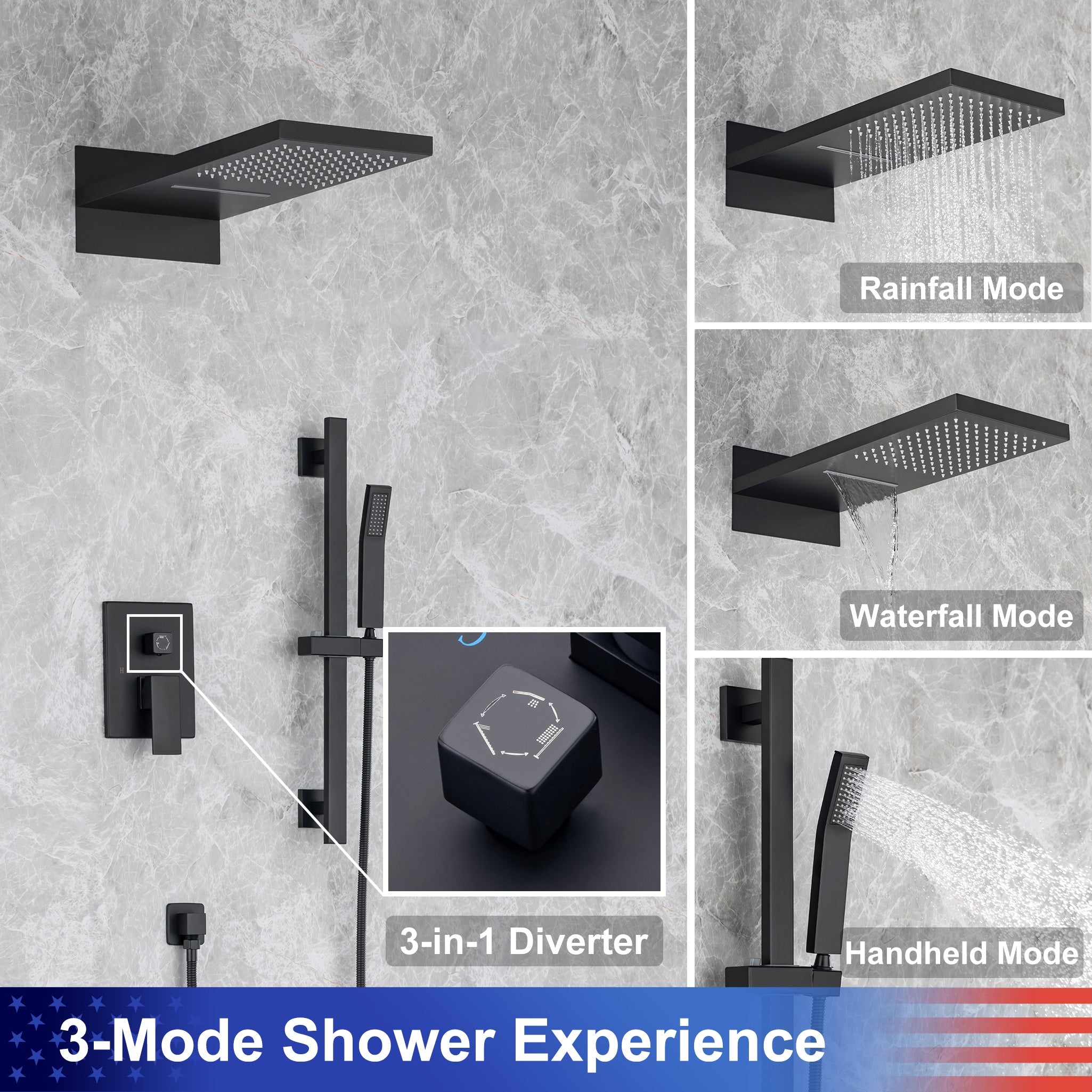 21.5"L Shower Head 3-way Wall-Mount Rectangle Shower Faucet with Rough-in Valve RX93108