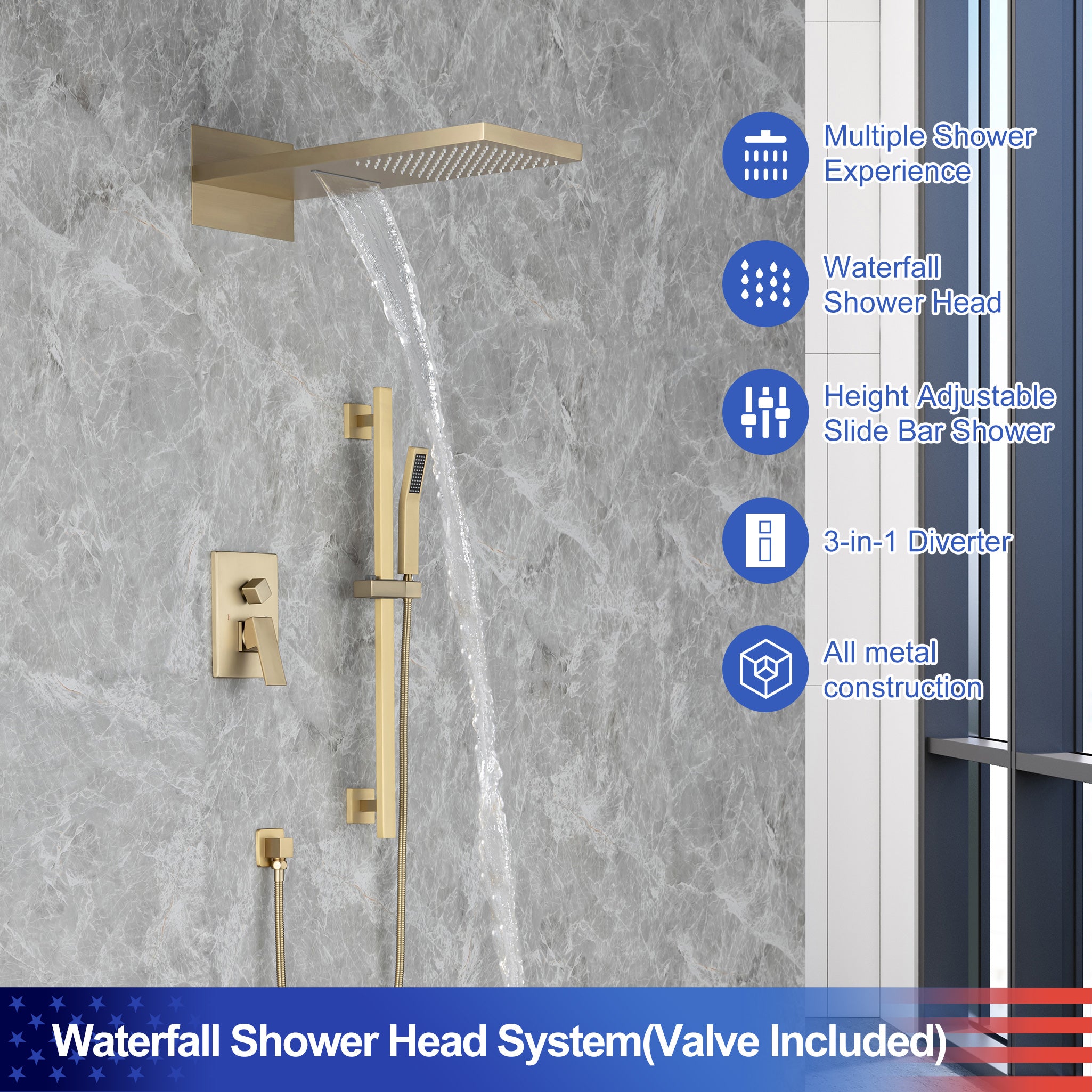 21.5"L Shower Head 3-way Wall-Mount Rectangle Shower Faucet with Rough-in Valve RX93108