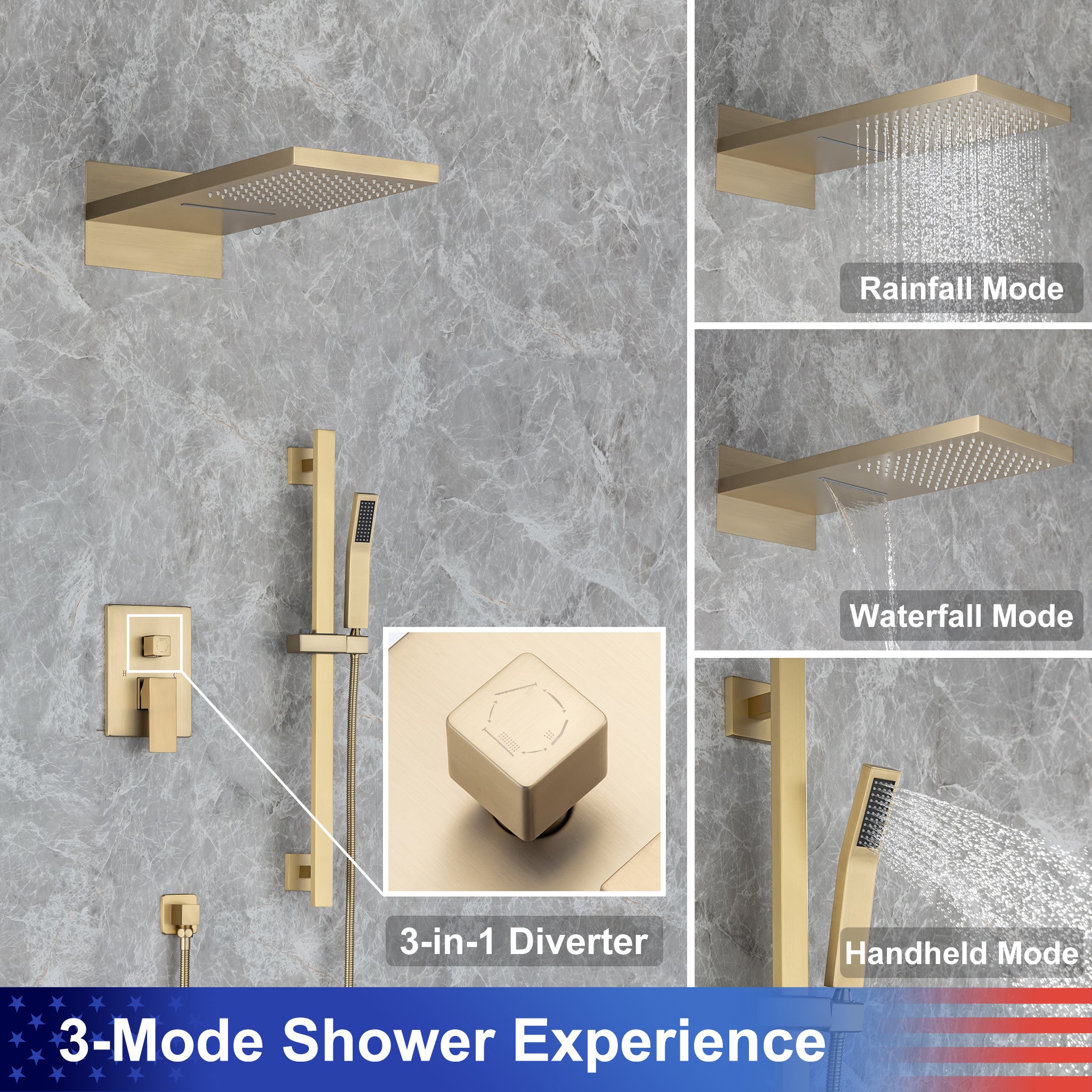 21.5"L Shower Head 3-way Wall-Mount Rectangle Shower Faucet with Rough-in Valve RX93108