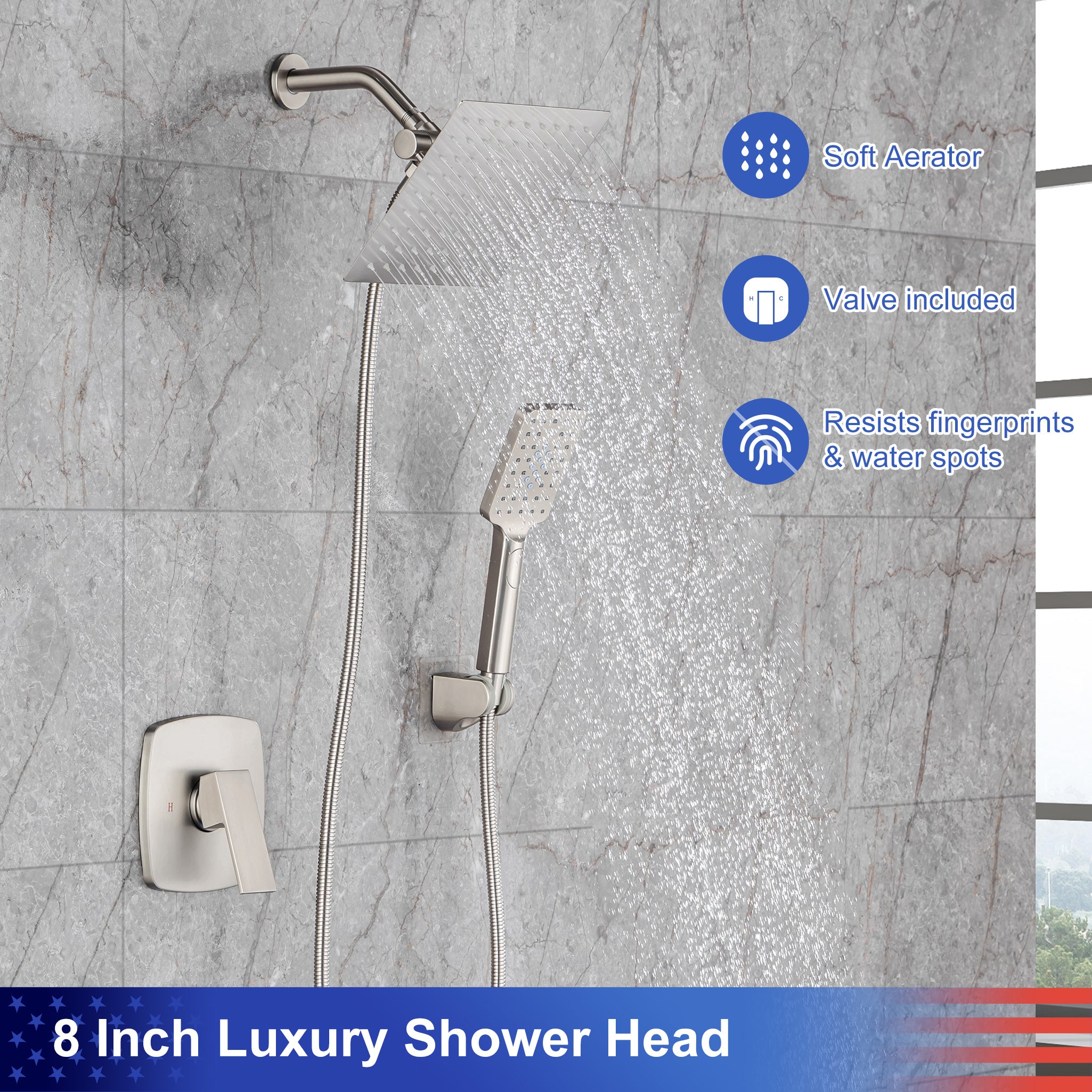 8" Shower Head 2-way Wall-Mount Square Shower Faucet with Rough-in Valve RX94202