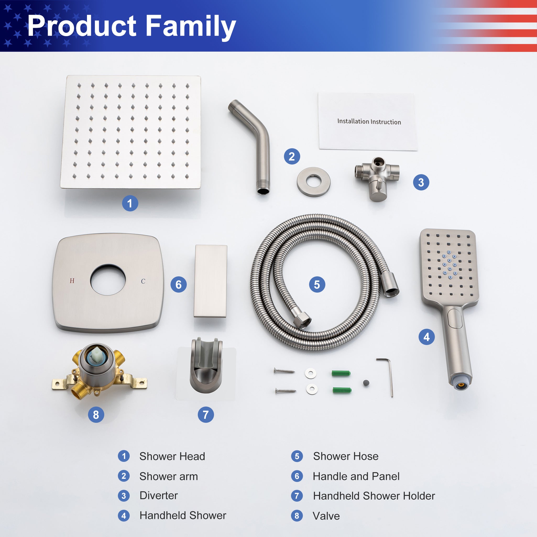 8" Shower Head 2-way Wall-Mount Square Shower Faucet with Rough-in Valve RX94202