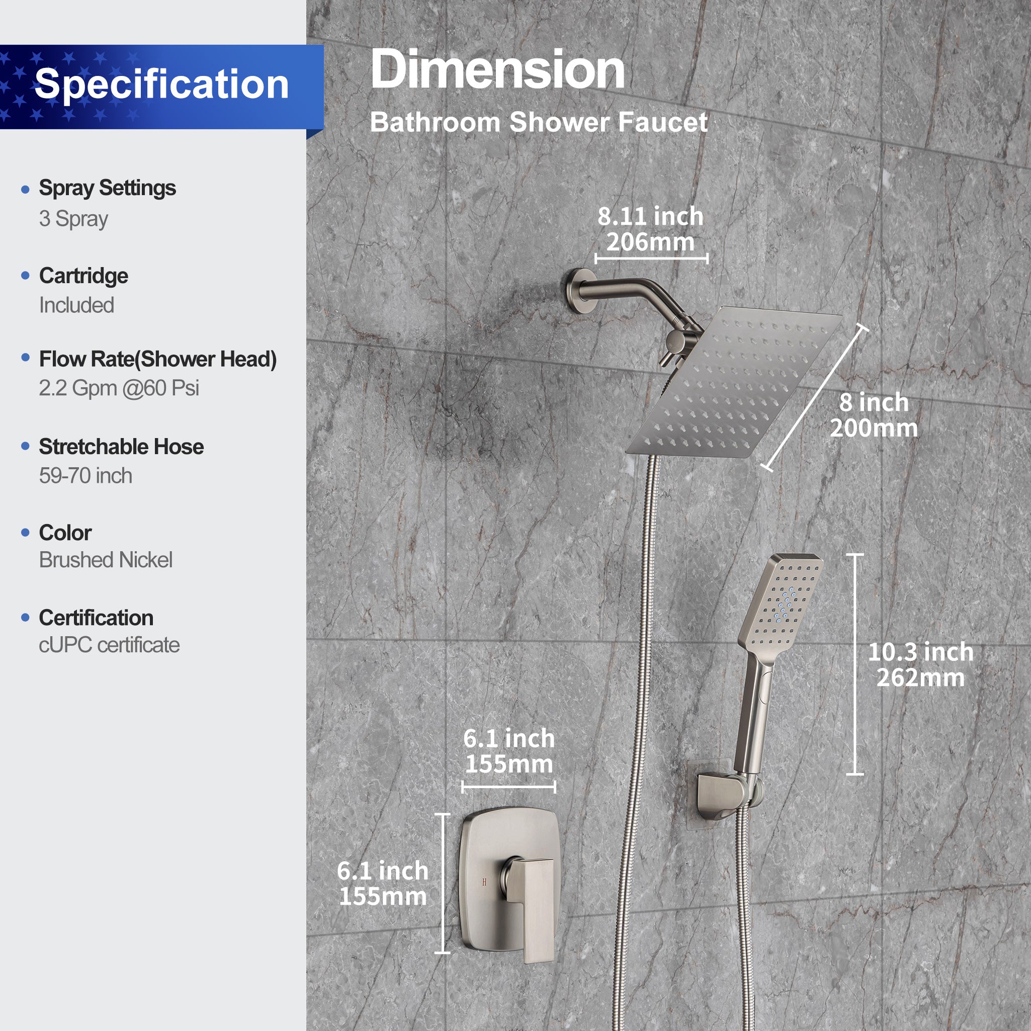 8" Shower Head 2-way Wall-Mount Square Shower Faucet with Rough-in Valve RX94202