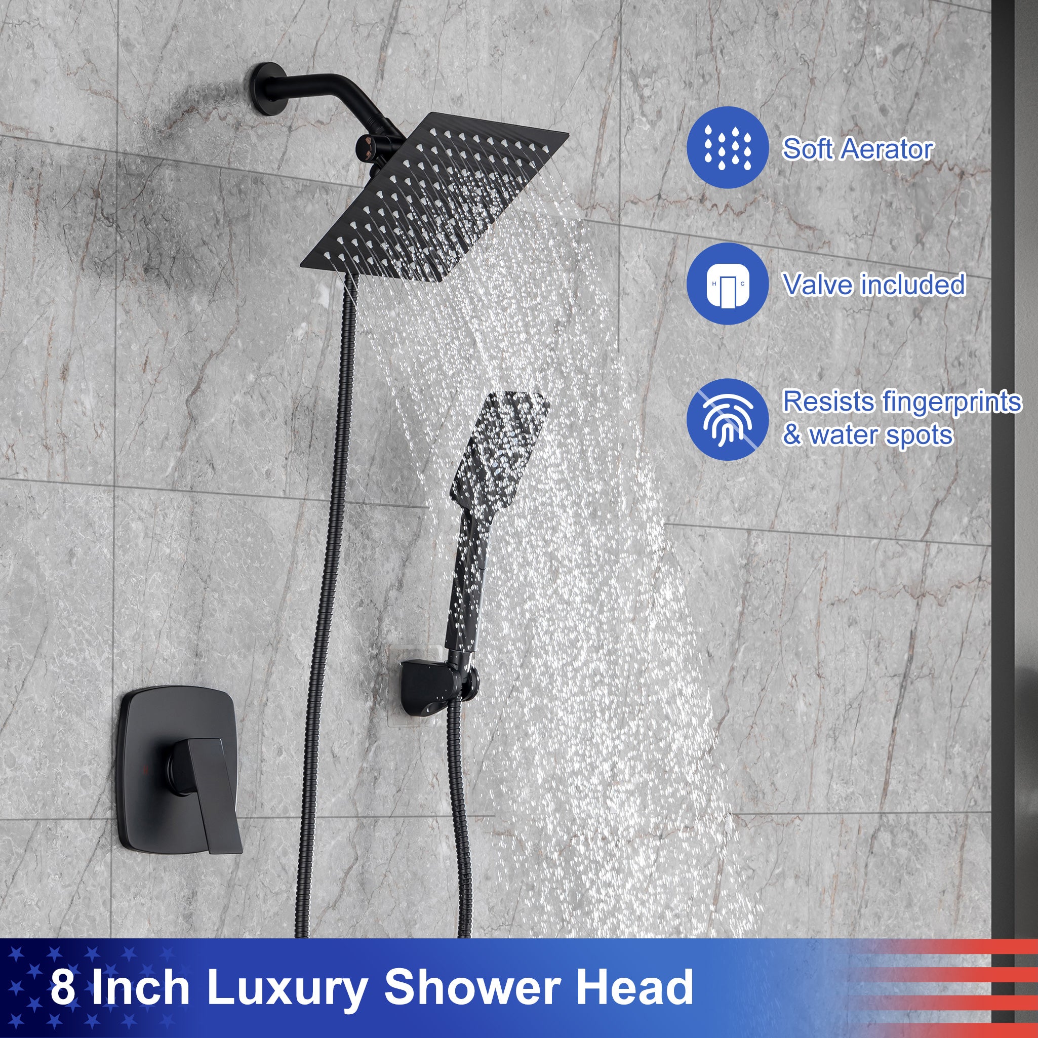 8" Shower Head 2-way Wall-Mount Square Shower Faucet with Rough-in Valve RX94202