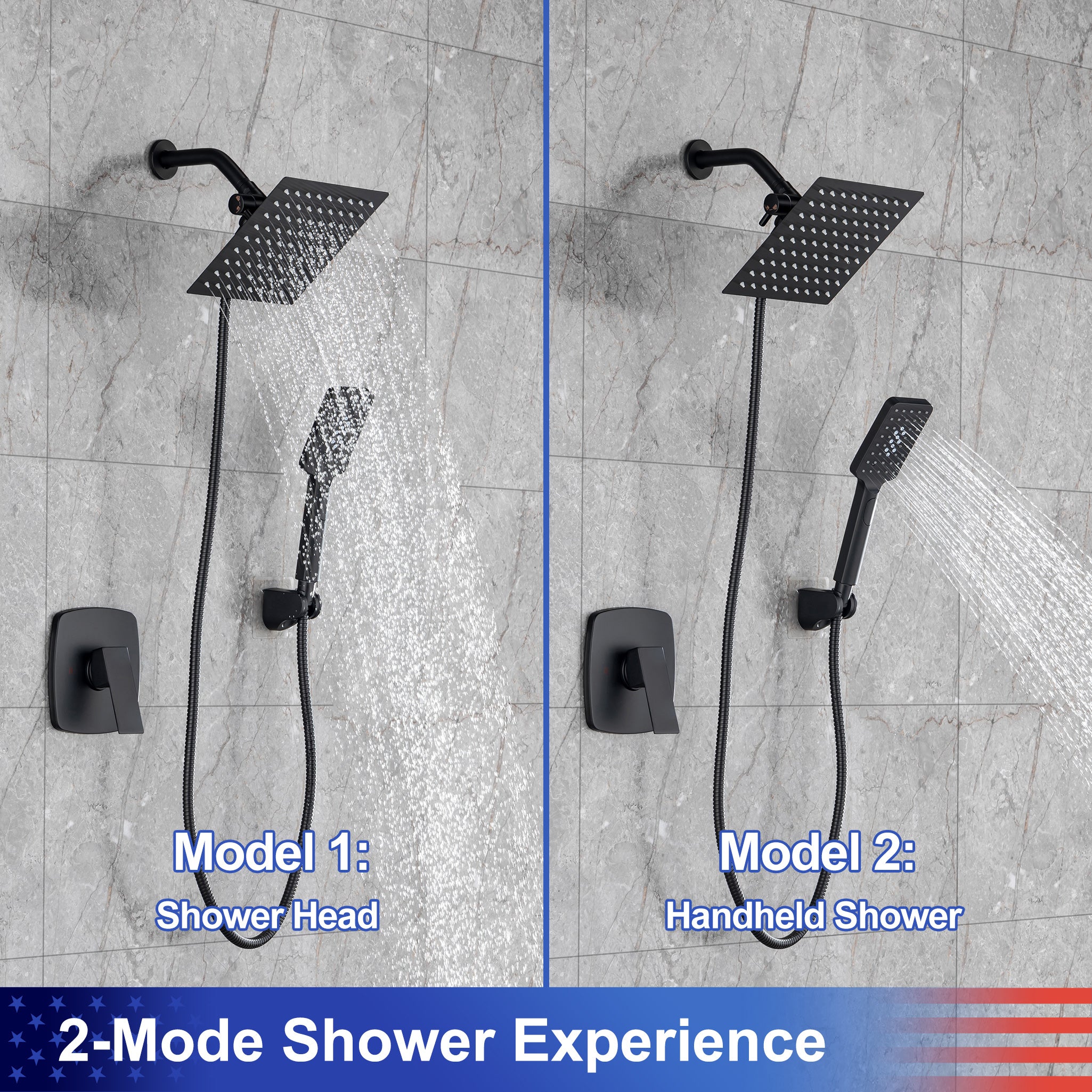 8" Shower Head 2-way Wall-Mount Square Shower Faucet with Rough-in Valve RX94202