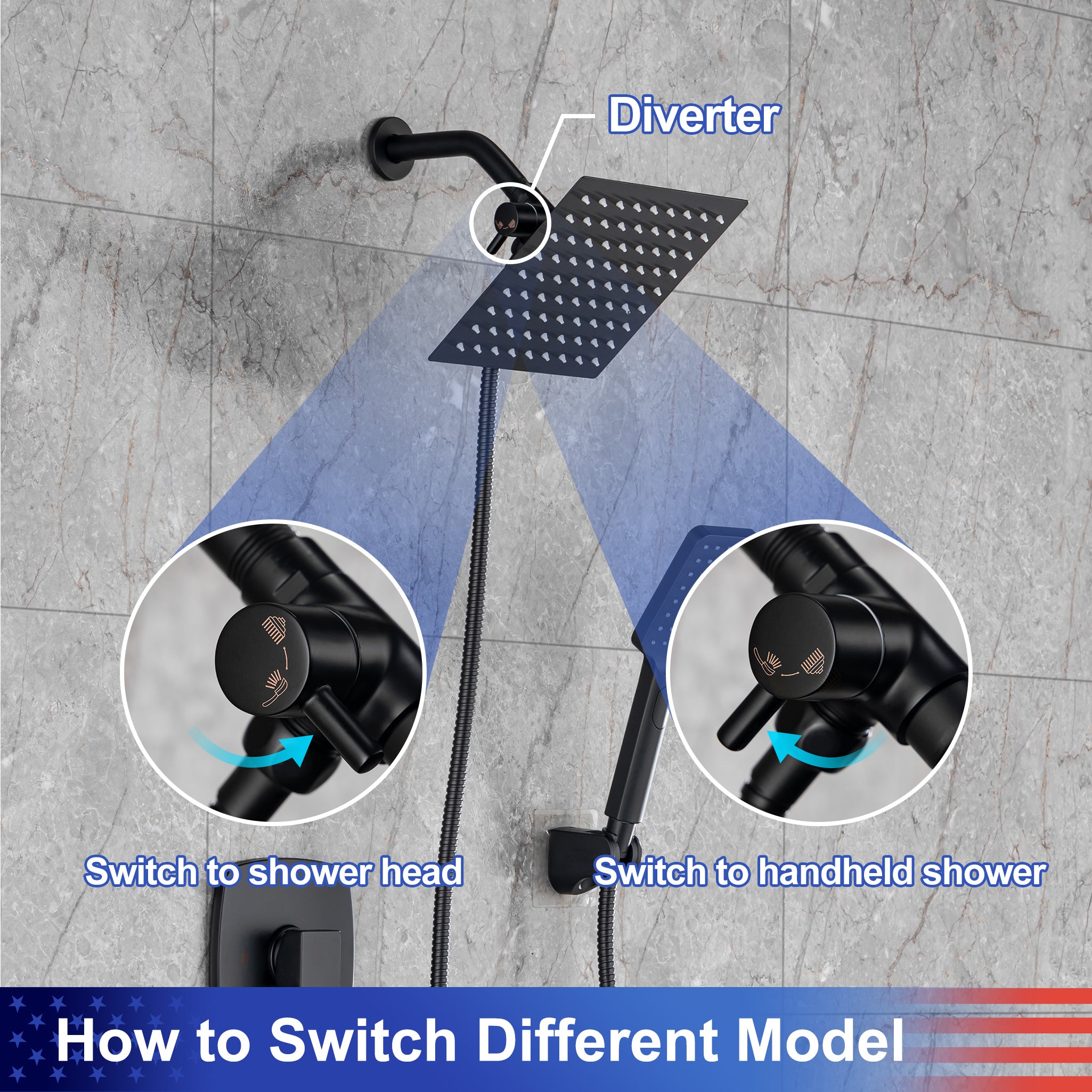 8" Shower Head 2-way Wall-Mount Square Shower Faucet with Rough-in Valve RX94202