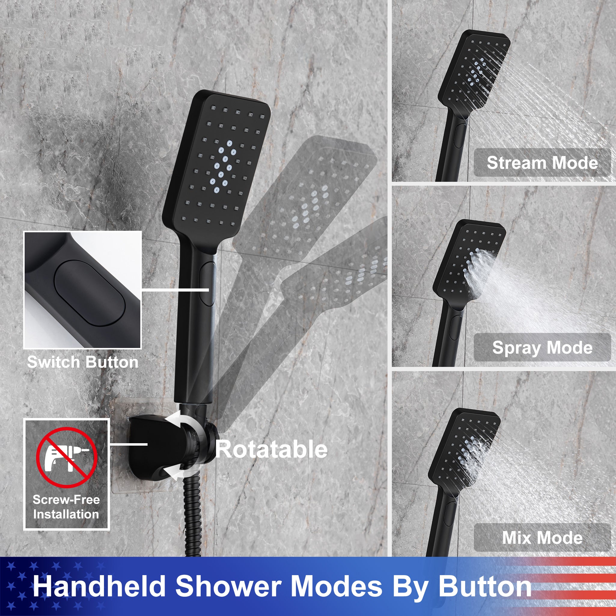 8" Shower Head 2-way Wall-Mount Square Shower Faucet with Rough-in Valve RX94202