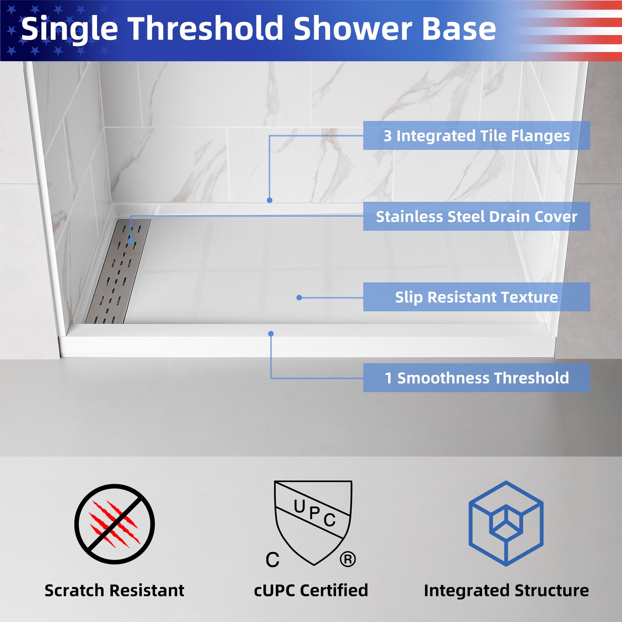 Single Threshold Shower Pan Base with Drain Assembly and Drain Cover Included, Non-Slip design RX-B01