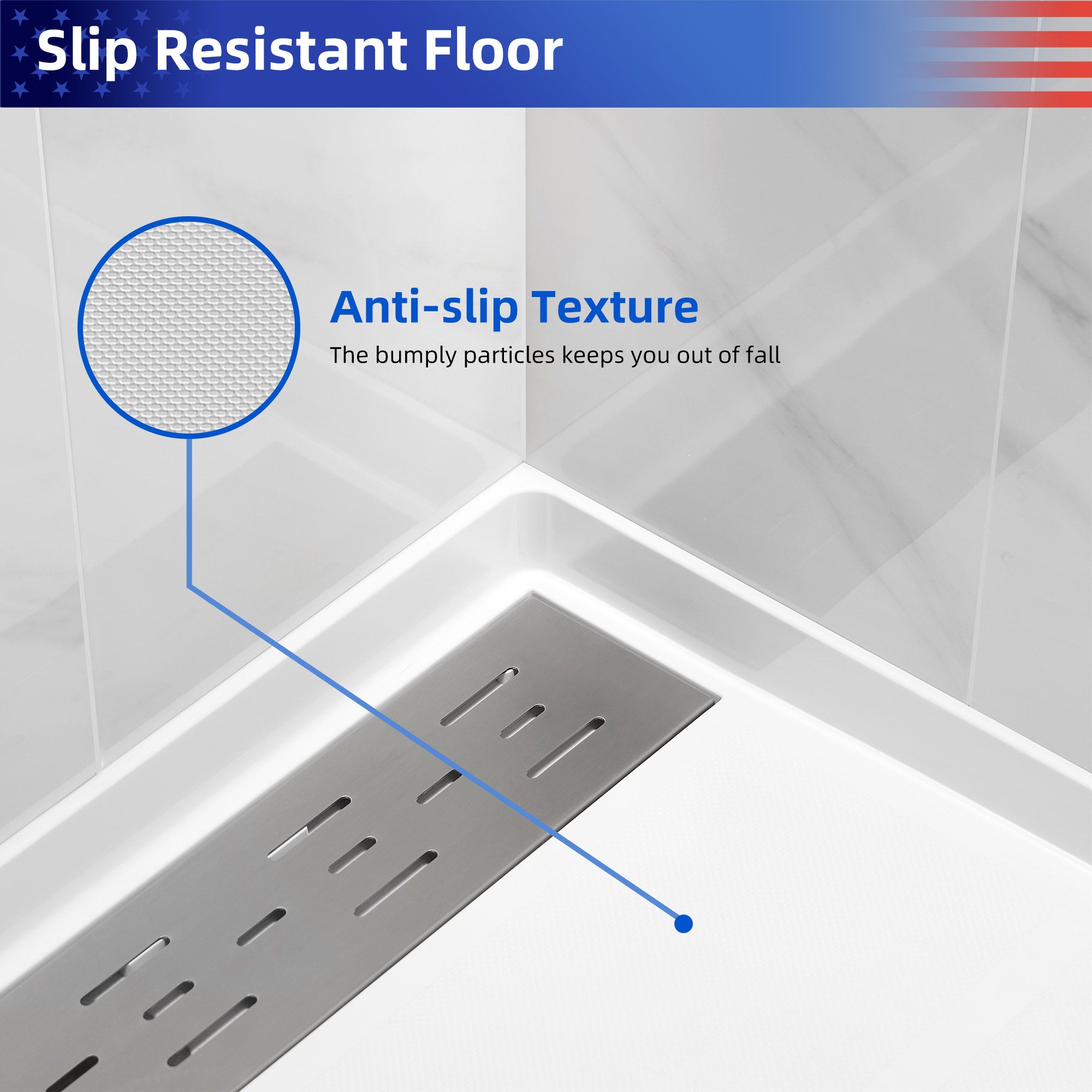 Single Threshold Shower Pan Base with Drain Assembly and Drain Cover Included, Non-Slip design RX-B01