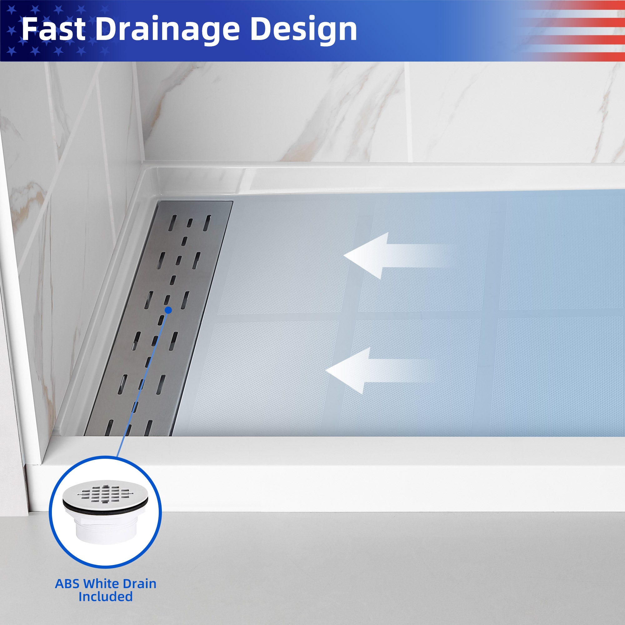 Single Threshold Shower Pan Base with Drain Assembly and Drain Cover Included, Non-Slip design RX-B01