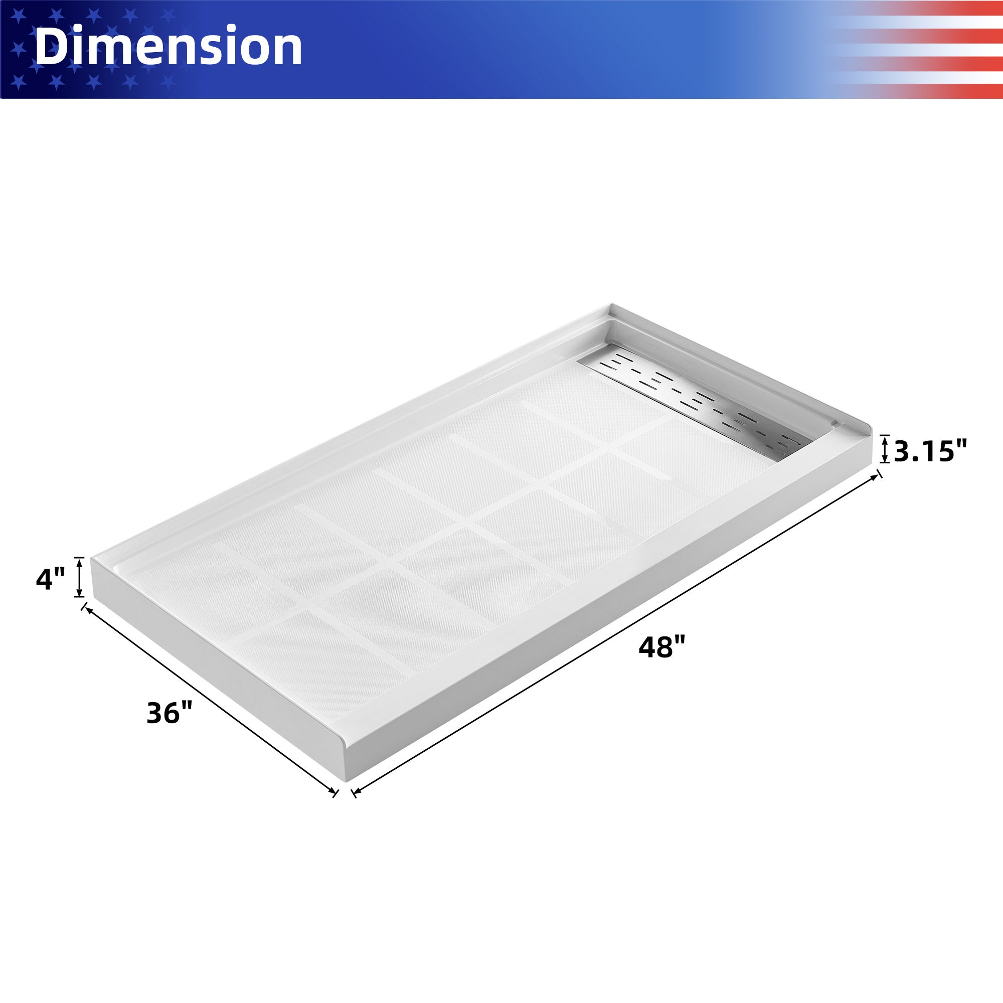 Single Threshold Shower Pan Base with Drain Assembly and Drain Cover Included, Non-Slip design RX-B01