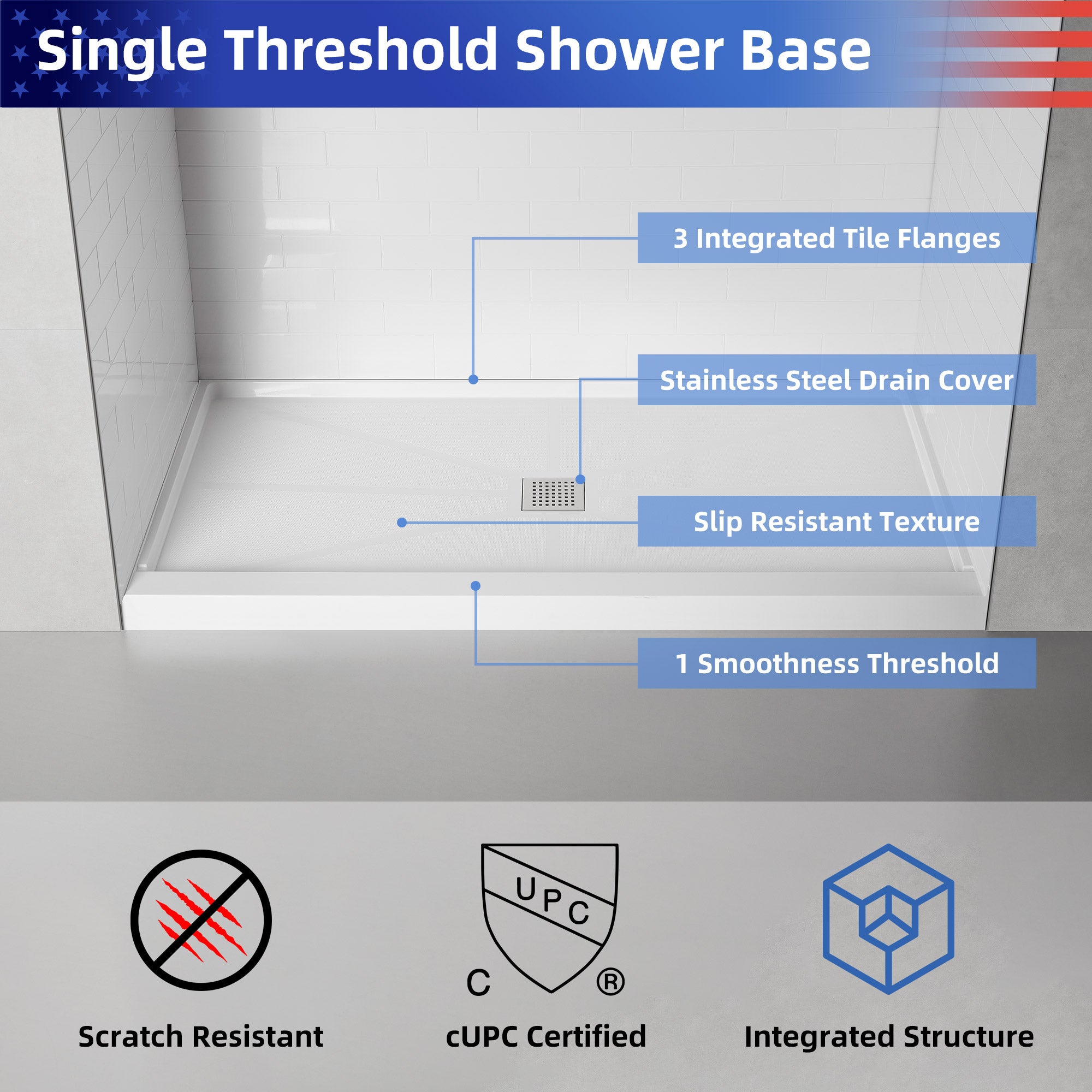 Single Threshold Shower Pan Base with Center Drain Assembly and Drain Cover Included, Non-Slip design RX-B02