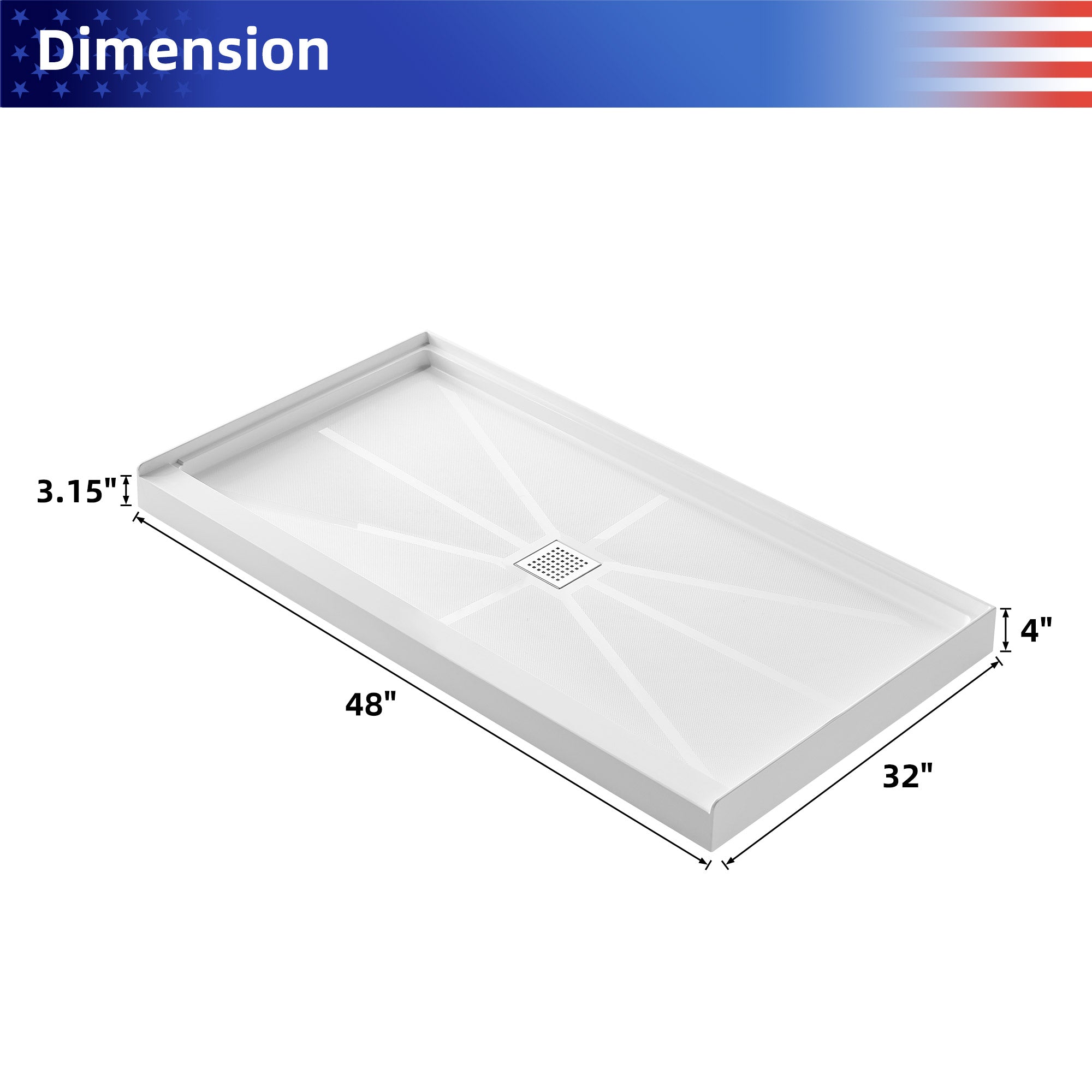 Single Threshold Shower Pan Base with Center Drain Assembly and Drain Cover Included, Non-Slip design RX-B02