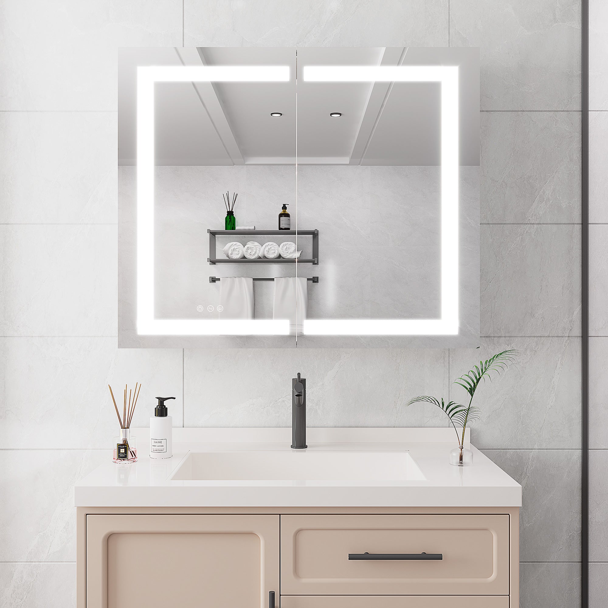 36 in W. x 30 in H. LED Lighting Recessed or Surface Mount Medicine Cabinet with Mirror Defogger and 3 Adjustable shelves RX-MC02-3036