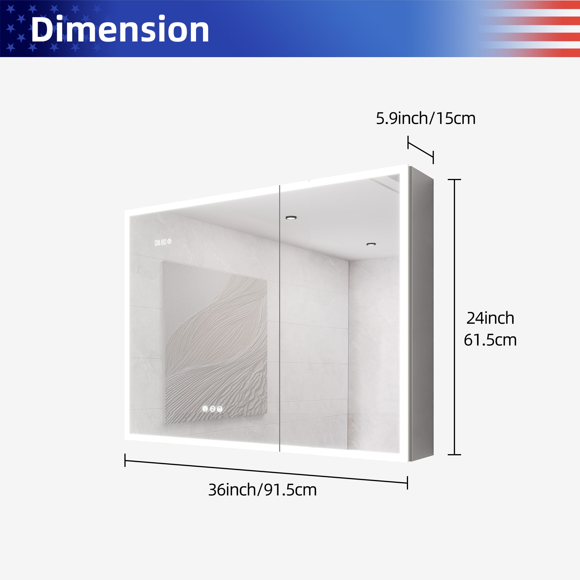 36 in W. x 24 in H. LED Lighting Surface Mount Medicine Cabinet with Mirror Defogger and 2 Adjustable shelves RX-MC05-2436