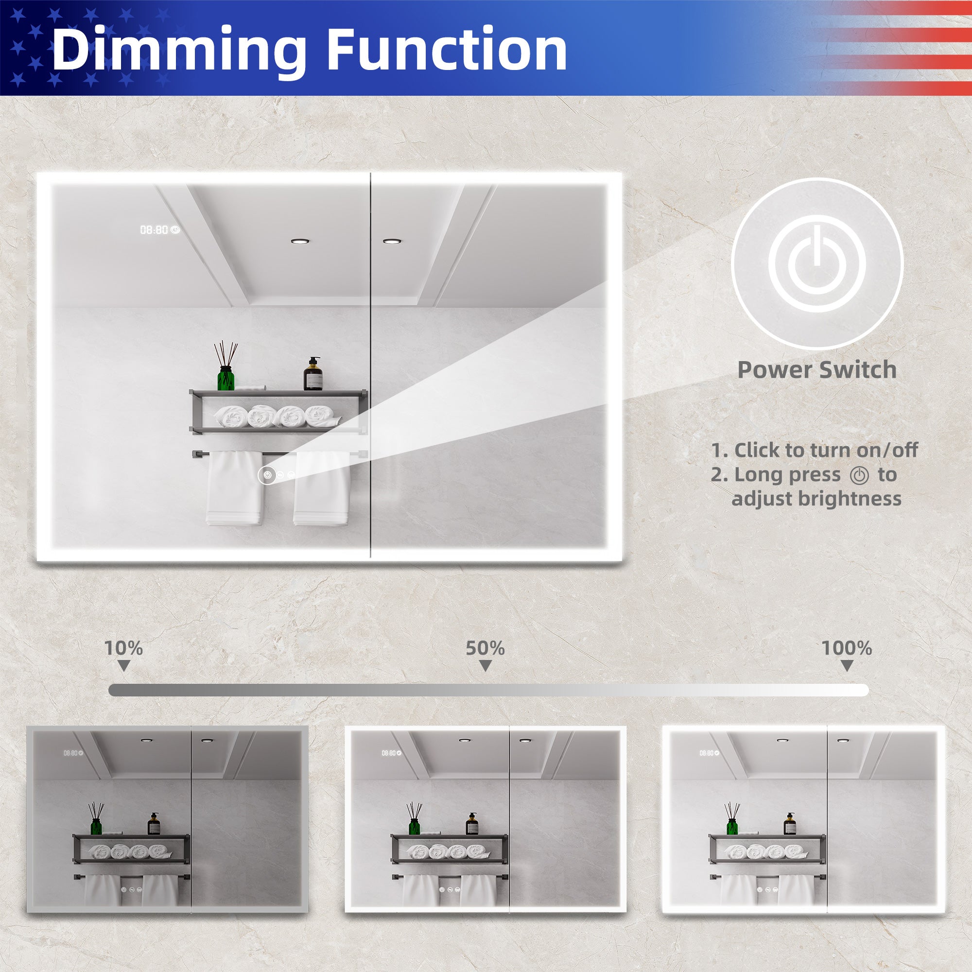 36 in W. x 24 in H. LED Lighting Surface Mount Medicine Cabinet with Mirror Defogger and 2 Adjustable shelves RX-MC05-2436