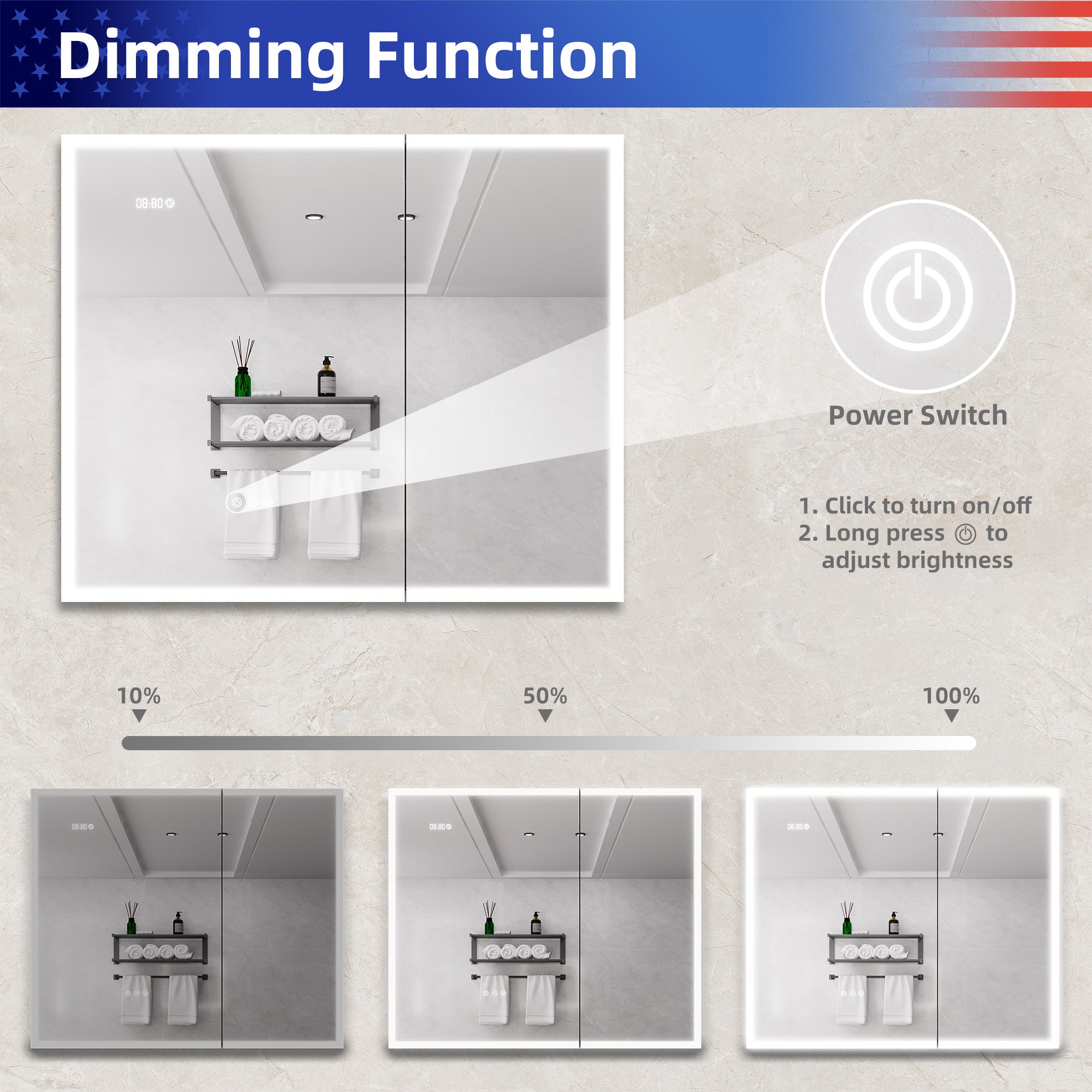 36 in W. x 30 in H. LED Lighting Surface Mount Medicine Cabinet with Mirror Defogger and 2 Adjustable shelves RX-MC05-3036