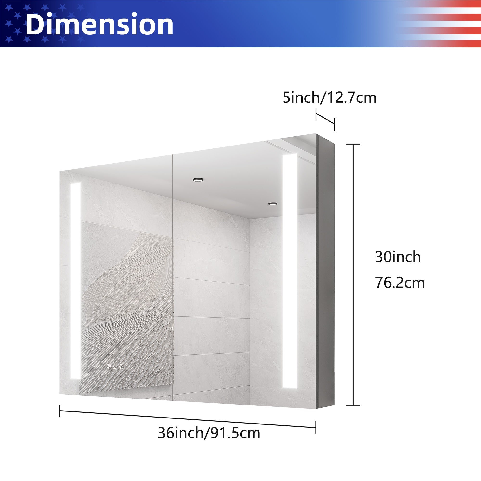 36 in W. x 30 in H. LED Lighting Recessed or Surface Mount Medicine Cabinet with Mirror Defogger and 3 Adjustable shelves RX-MC07-3036