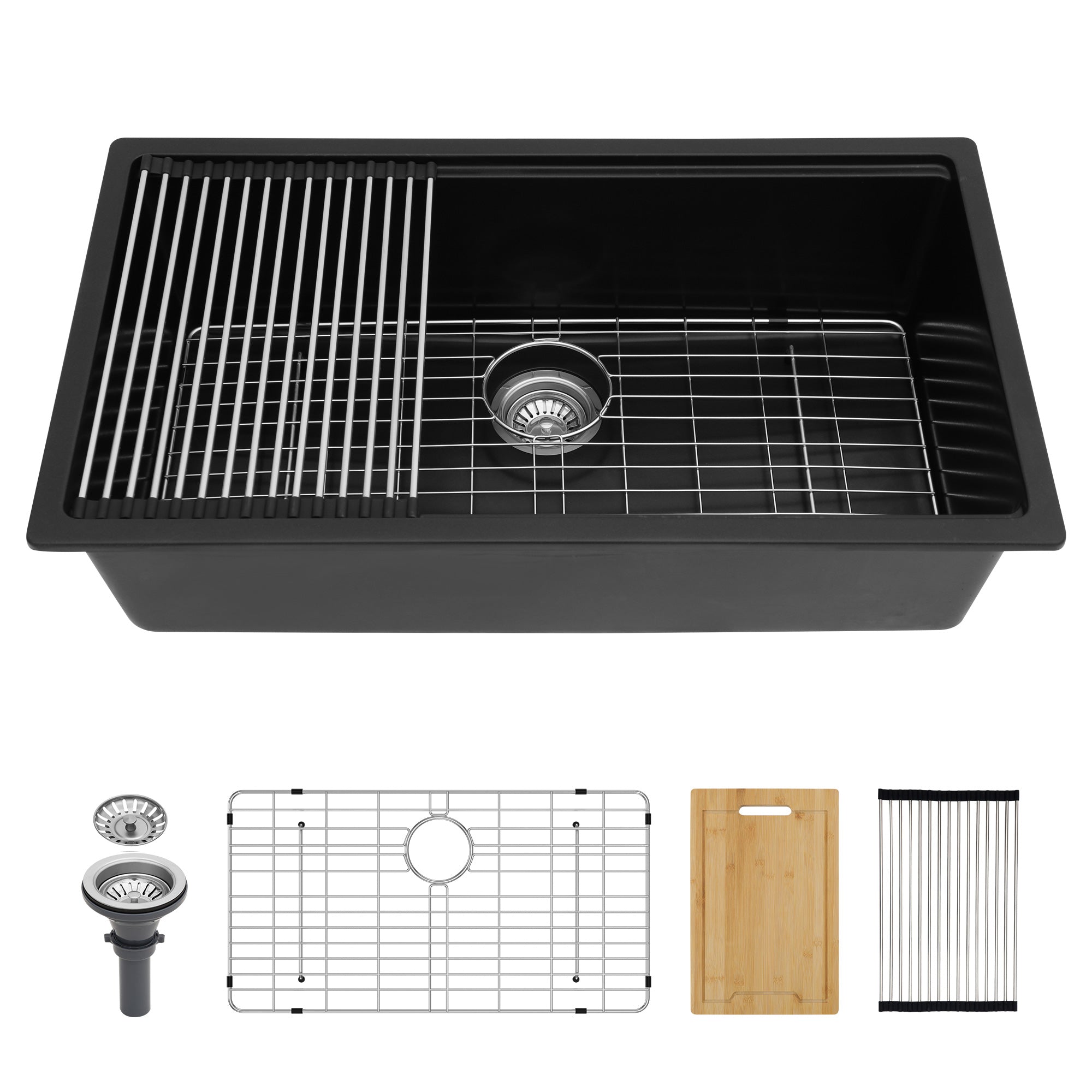 30" x 19" Undermount Single Bowl Quartz/Granite Composite Kitchen Sink with Workstation RX-QS01-3019Bin Matte Black