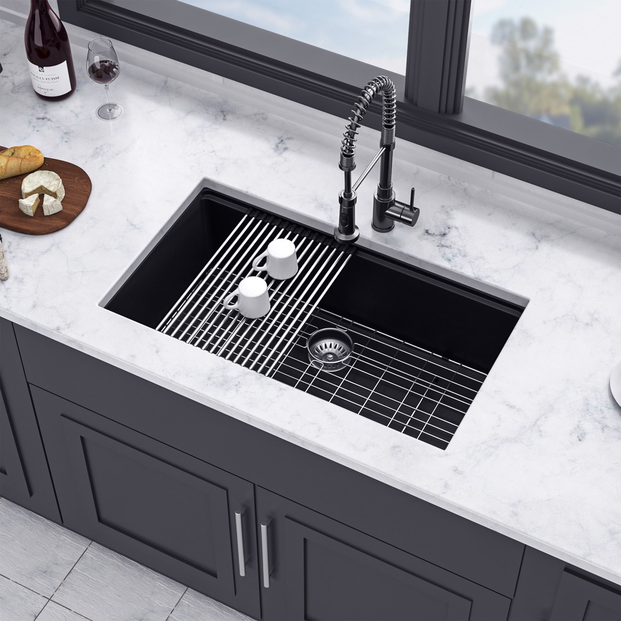 30" x 19" Undermount Single Bowl Quartz/Granite Composite Kitchen Sink with Workstation RX-QS01-3019Bin Matte Black