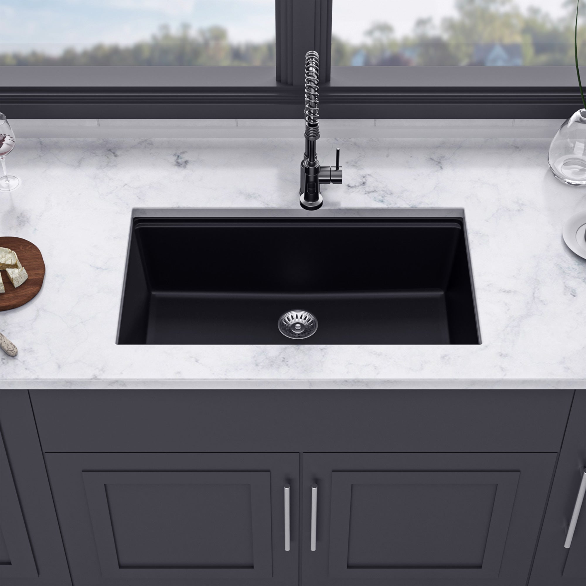 30" x 19" Undermount Single Bowl Quartz/Granite Composite Kitchen Sink with Workstation RX-QS01-3019Bin Matte Black