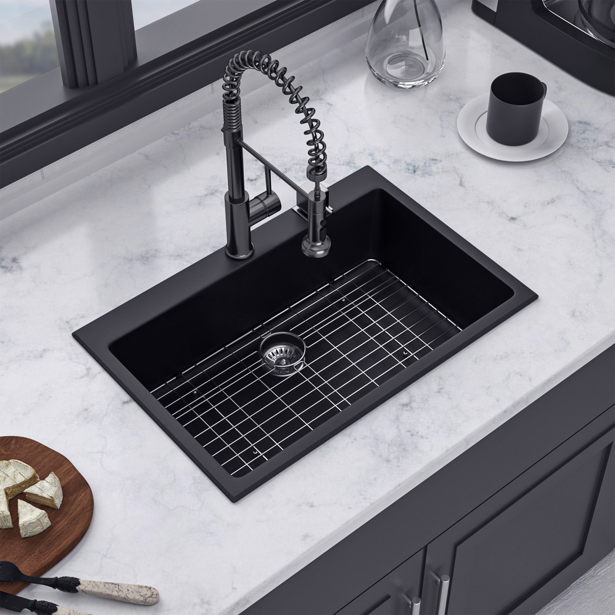 33" x 22" Drop-in Single Bowl Quartz/Granite Composite Kitchen Sink in Matte Black RX-QS02-3322B