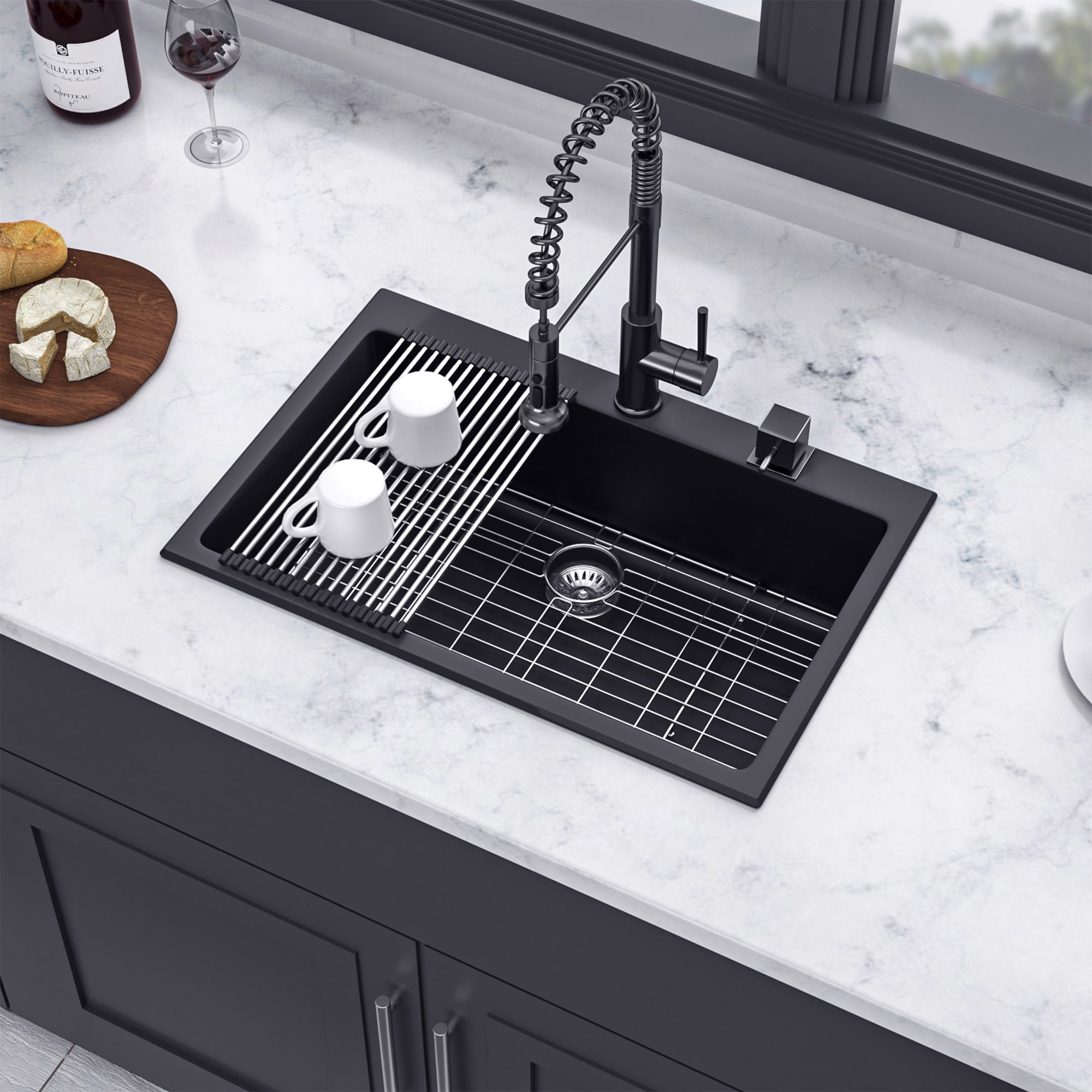 33" x 22" Drop-in Single Bowl Quartz/Granite Composite Kitchen Sink in Matte Black RX-QS02-3322B