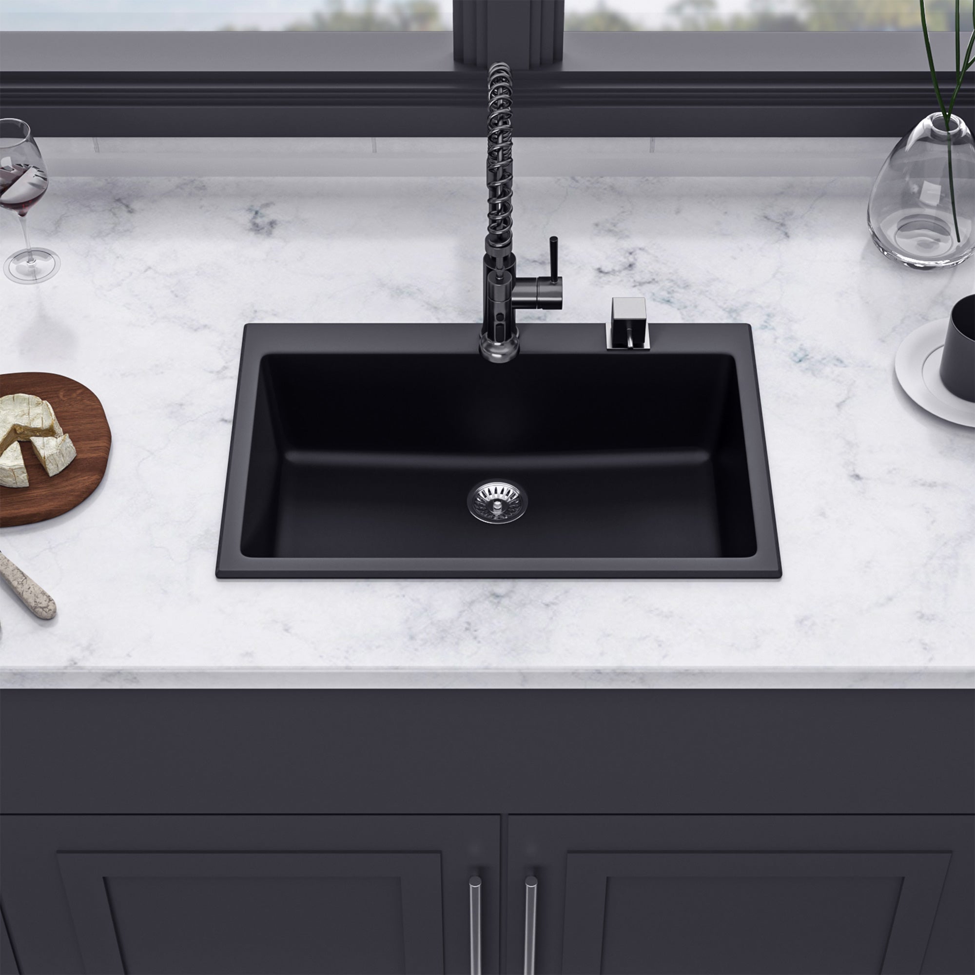 33" x 22" Drop-in Single Bowl Quartz/Granite Composite Kitchen Sink in Matte Black RX-QS02-3322B