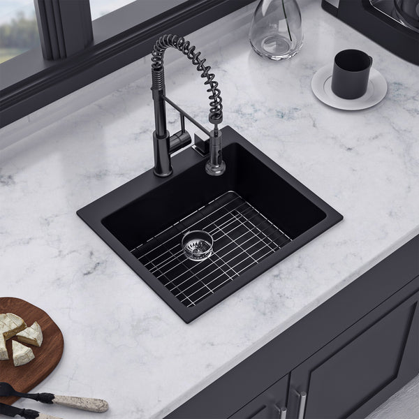 25" x 22" Drop-in Single Bowl Quartz/Granite Composite Kitchen Sink in Matte Black RX-QS03-2522B