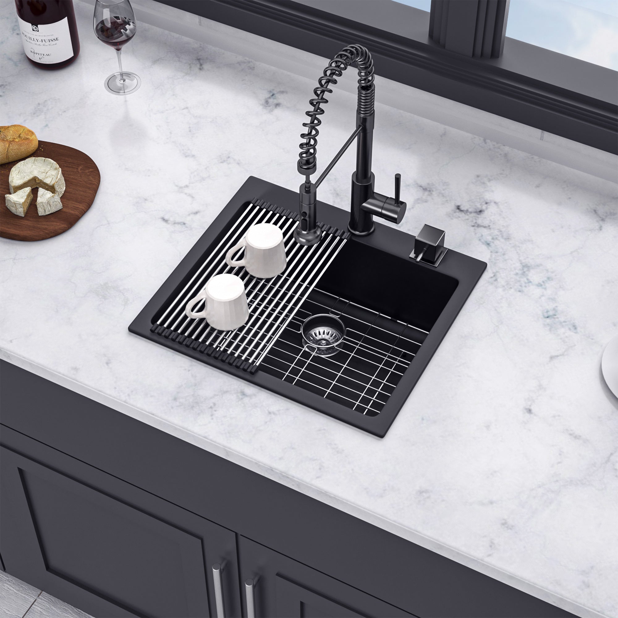 25" x 22" Drop-in Single Bowl Quartz/Granite Composite Kitchen Sink in Matte Black RX-QS03-2522B