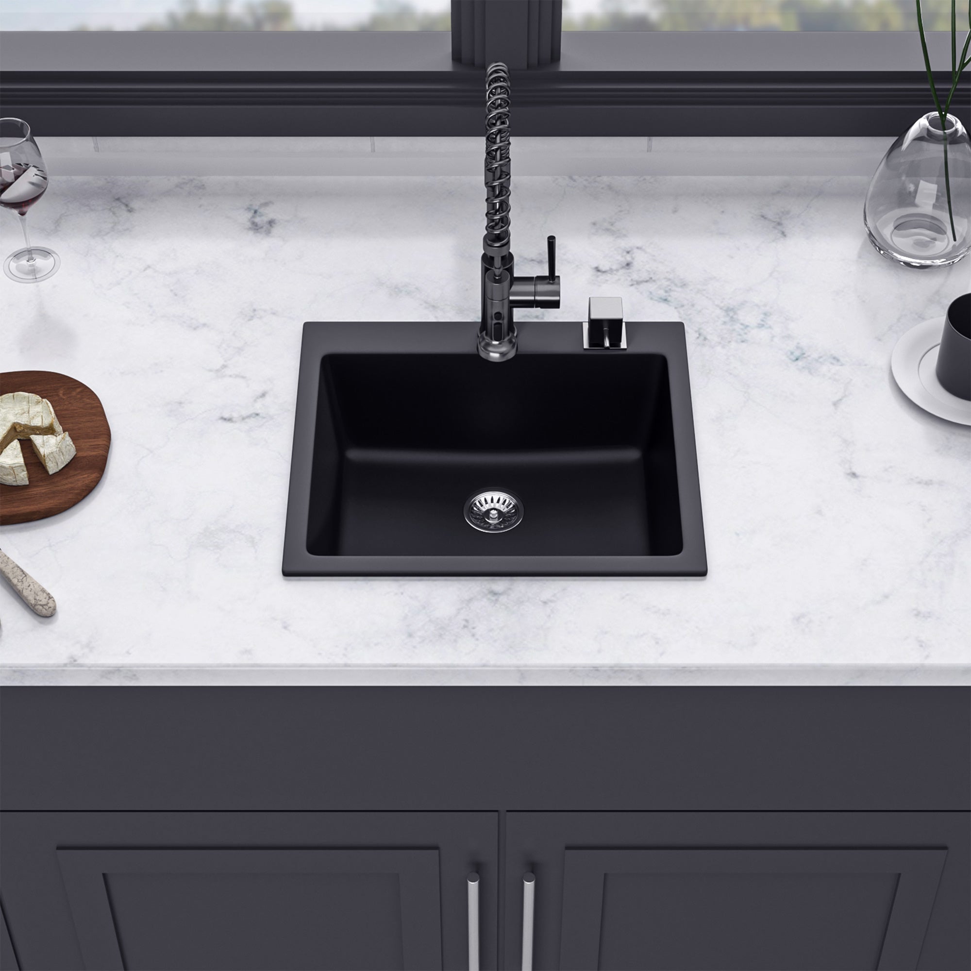 25" x 22" Drop-in Single Bowl Quartz/Granite Composite Kitchen Sink in Matte Black RX-QS03-2522B