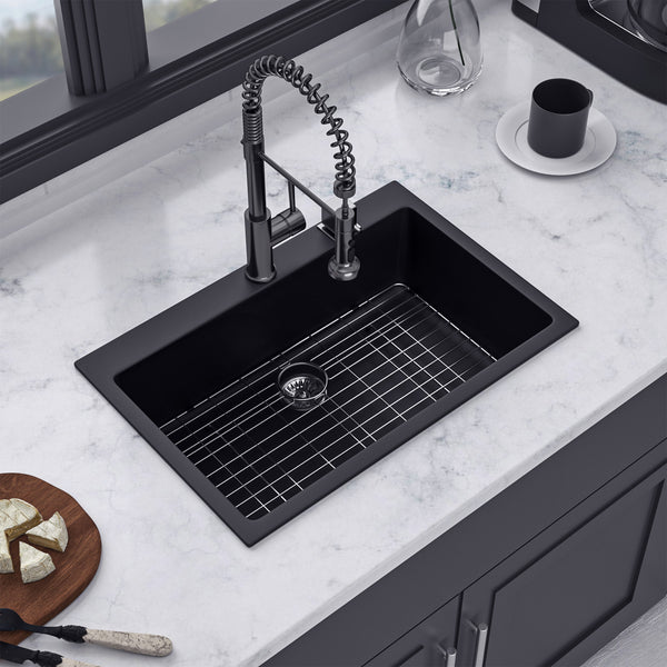 33" x 22" Drop-in Single Bowl Quartz/Granite Composite Kitchen Sink in Matte Black RX-QS03-3322B