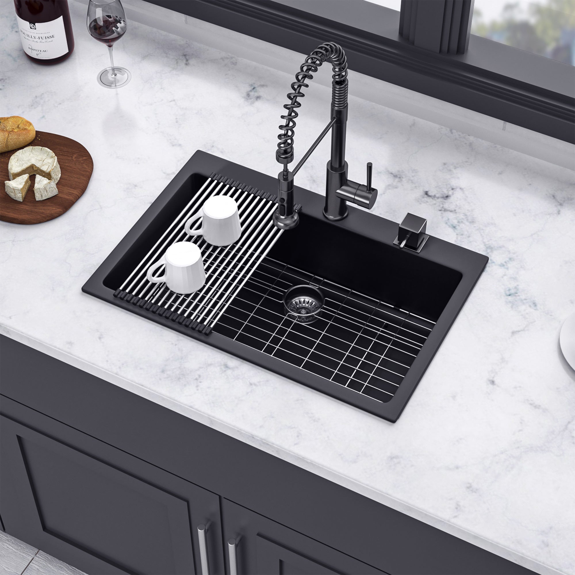 33" x 22" Drop-in Single Bowl Quartz/Granite Composite Kitchen Sink in Matte Black RX-QS03-3322B