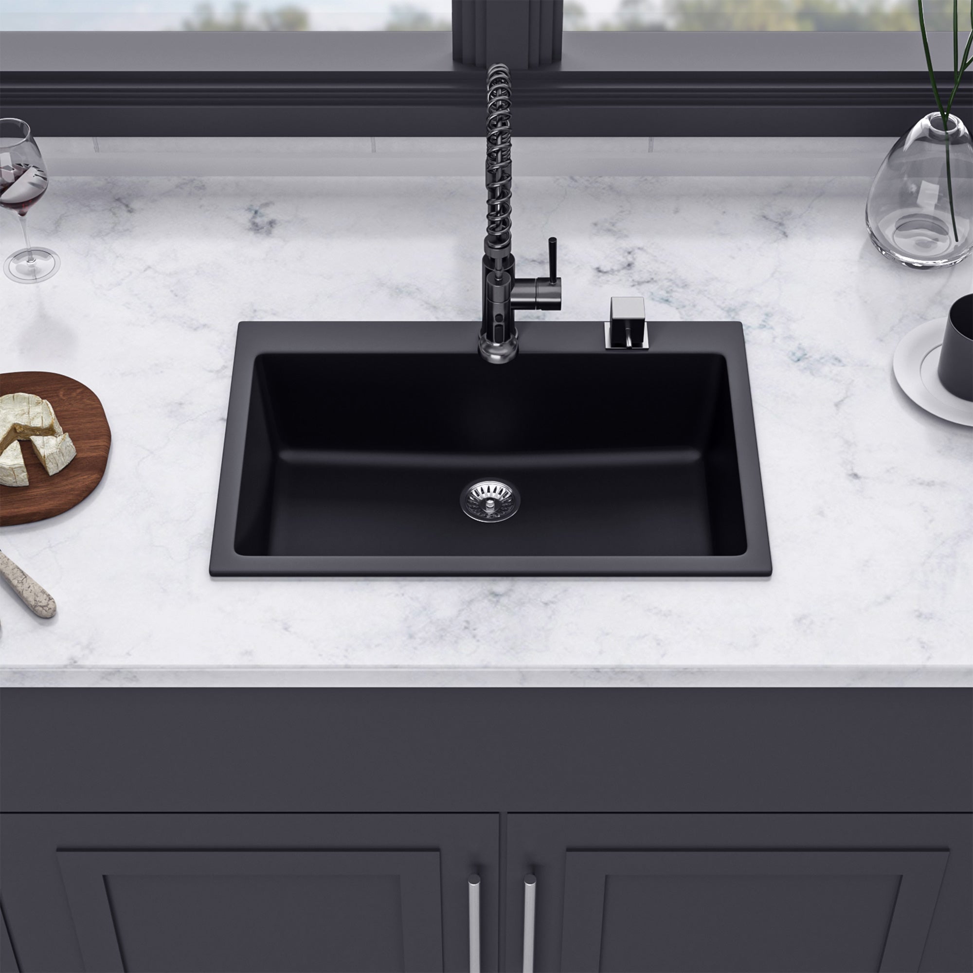 33" x 22" Drop-in Single Bowl Quartz/Granite Composite Kitchen Sink in Matte Black RX-QS03-3322B