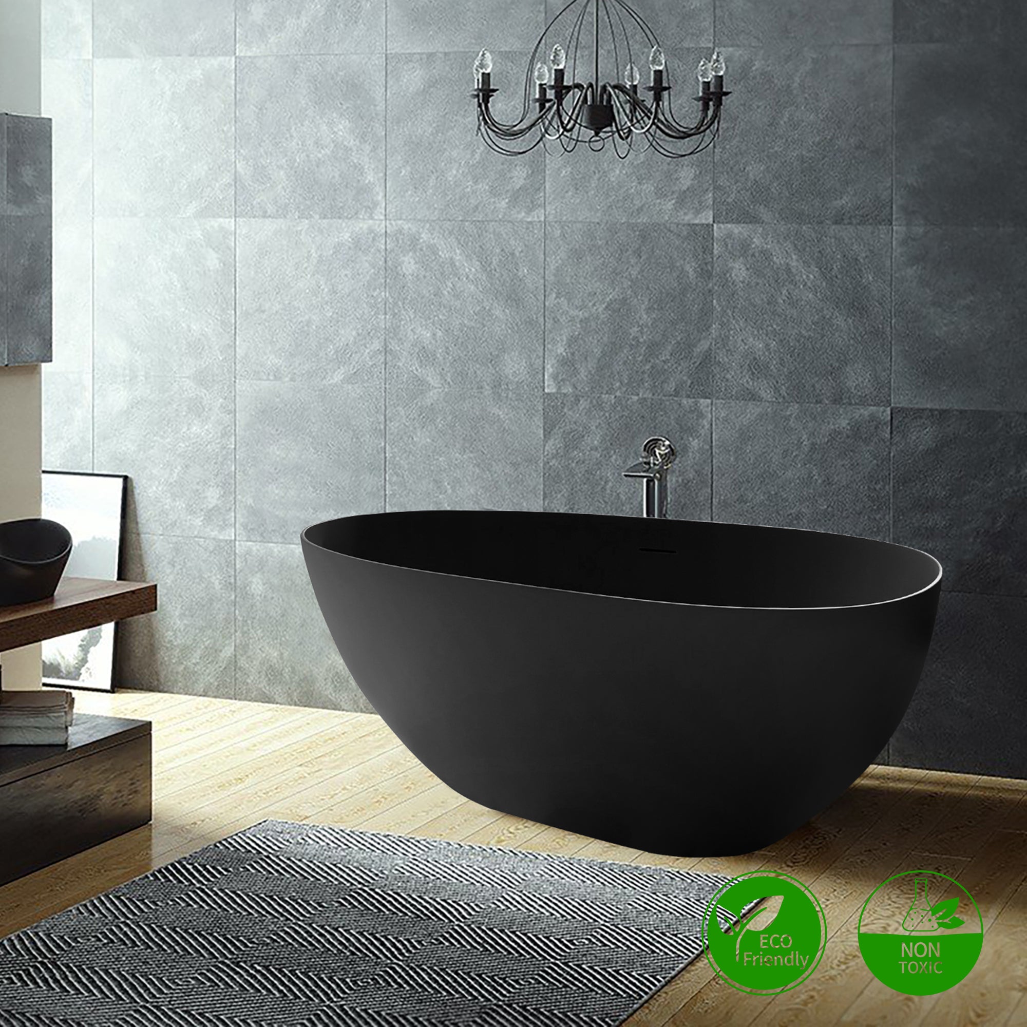 59" Oval Shaped Freestanding Solid Surface Soaking Bathtub with Overflow RX-S01-59MB