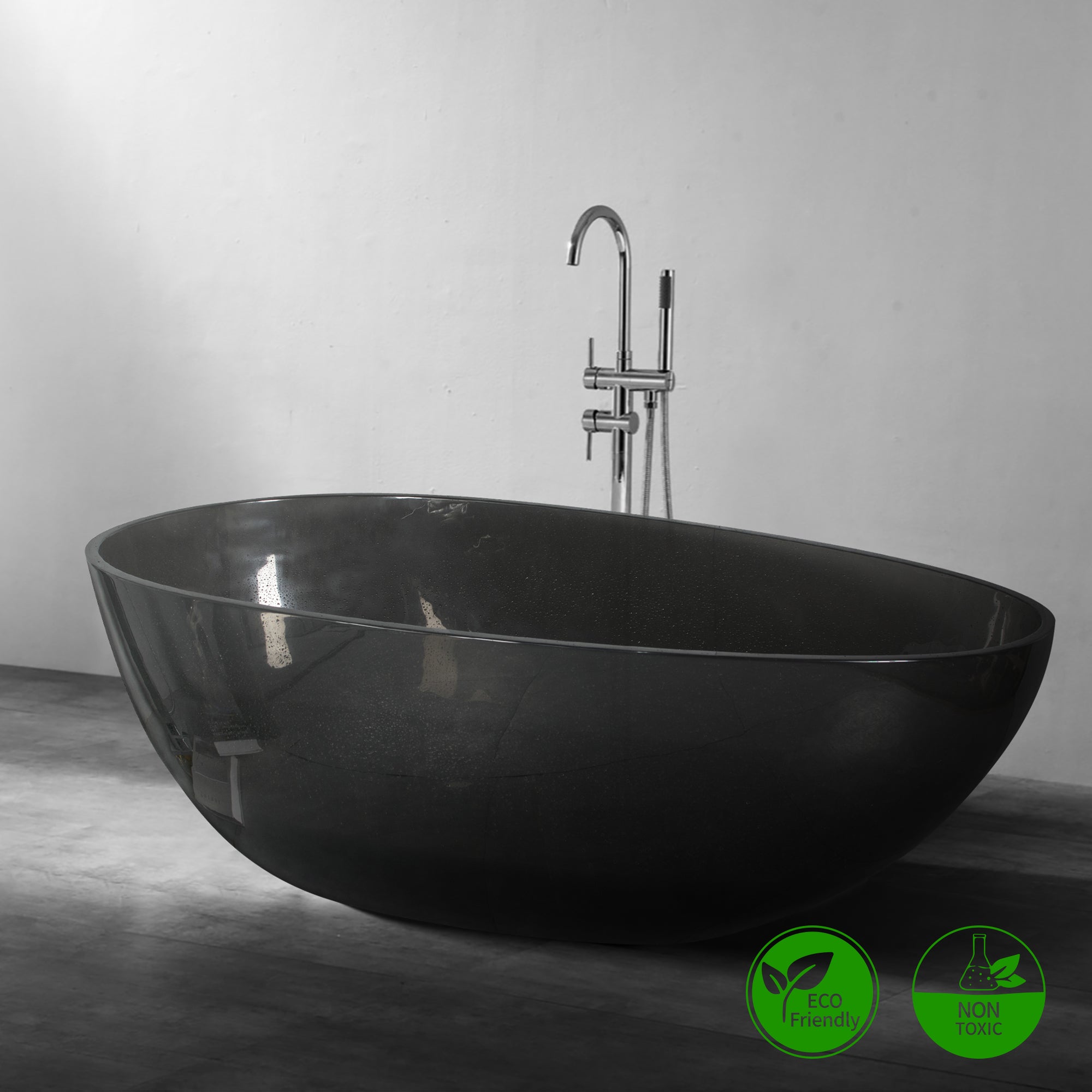 67" Egg Shaped Freestanding Solid Surface Soaking Bathtub in Translucent Black RX-S01-67TB