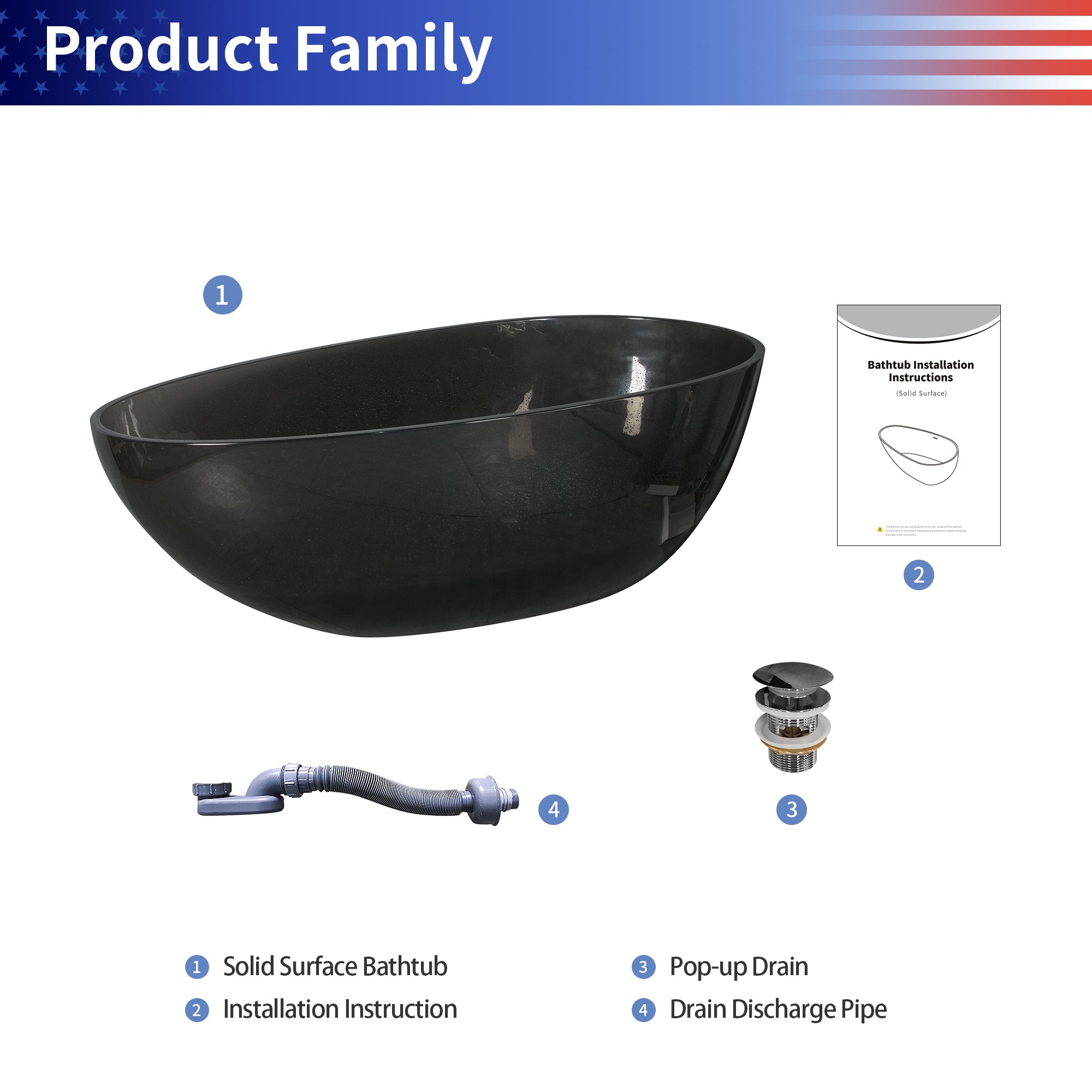 67" Egg Shaped Freestanding Solid Surface Soaking Bathtub in Translucent Black RX-S01-67TB