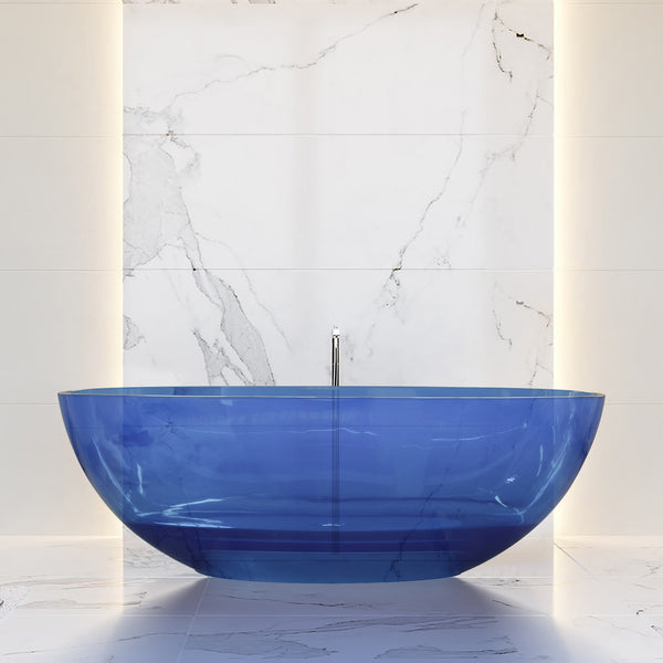 64" Oval Shaped Freestanding Solid Surface Soaking Bathtub in Transparent Blue RX-S02-64TBU