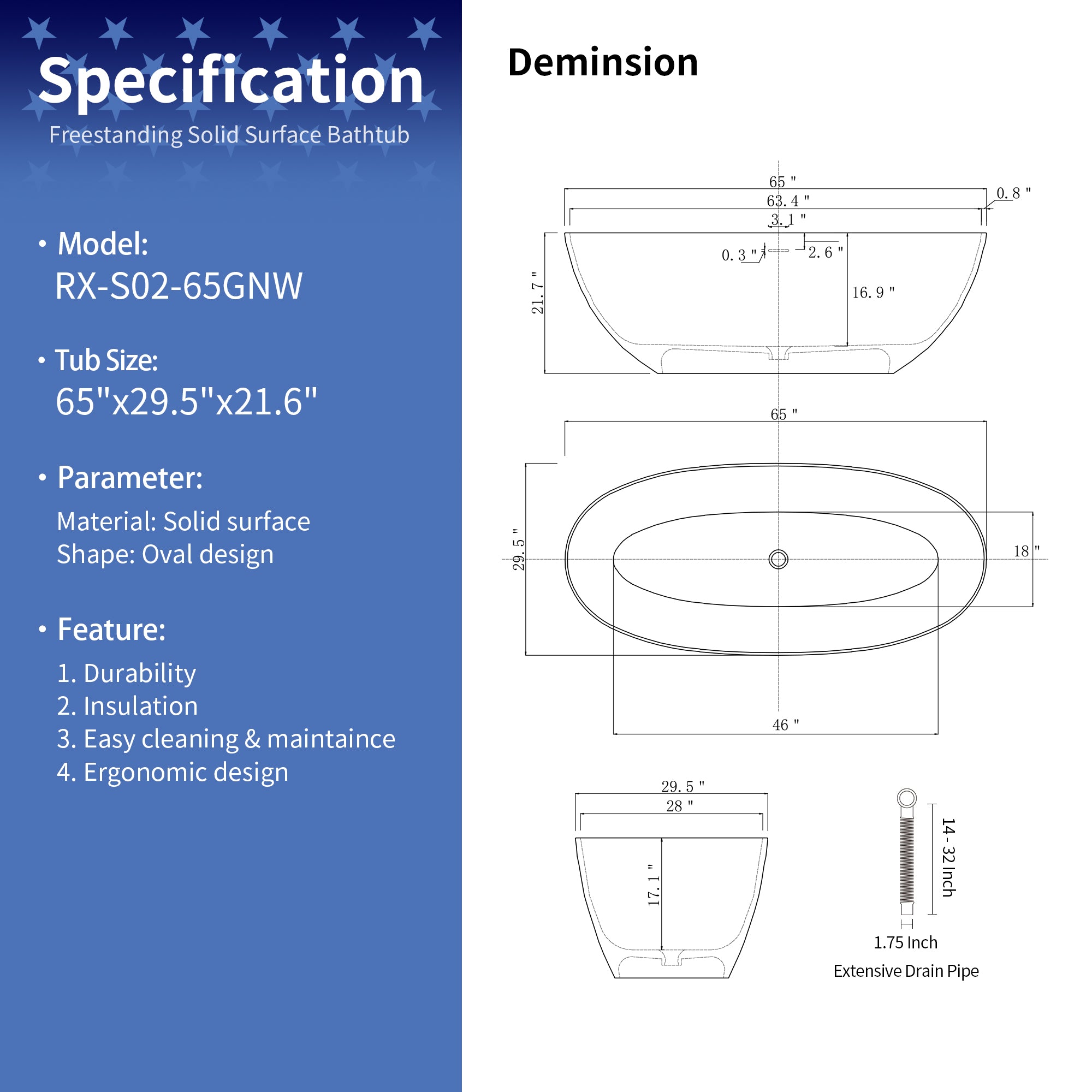 Baignoire autoportante ovale de 65 po avec surface solide et trop-plein RX-S02-65GNW