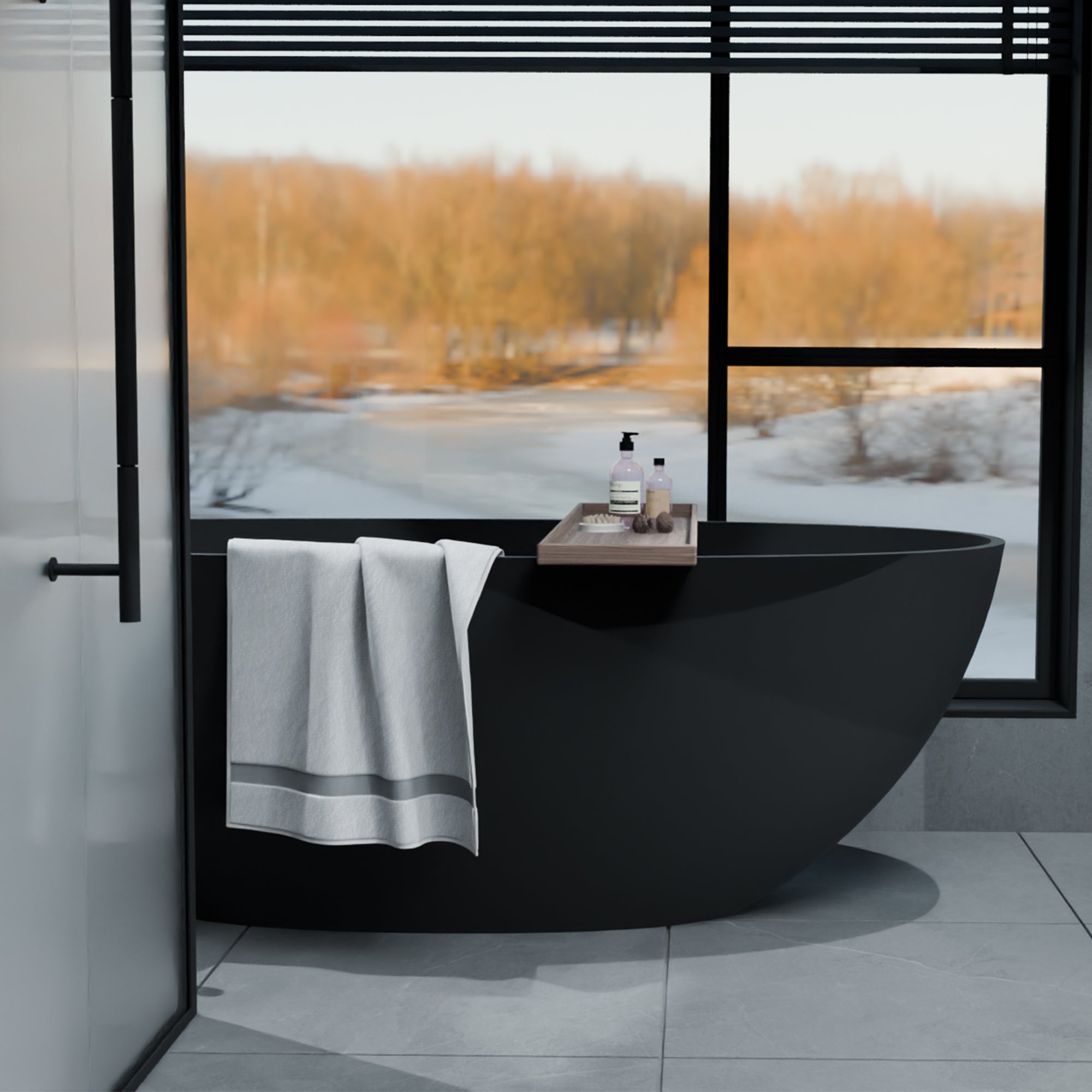 65" Freestanding Soaking Solid Surface Bathtub in Matte Black RX-S02-65MB