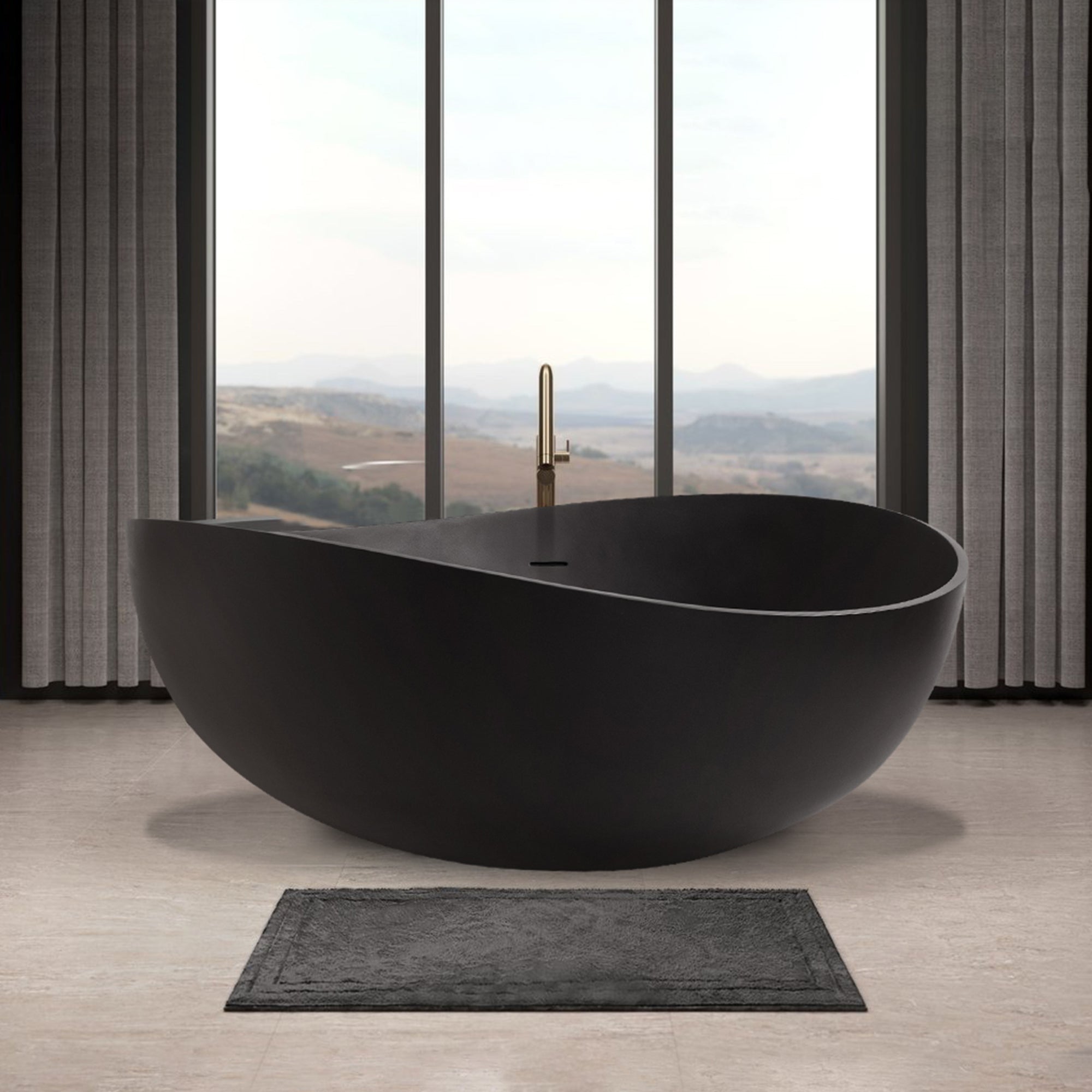 63" Oval Shaped Freestanding Solid Surface Soaking Bathtub with Overflow in Black RX-S04-63MB