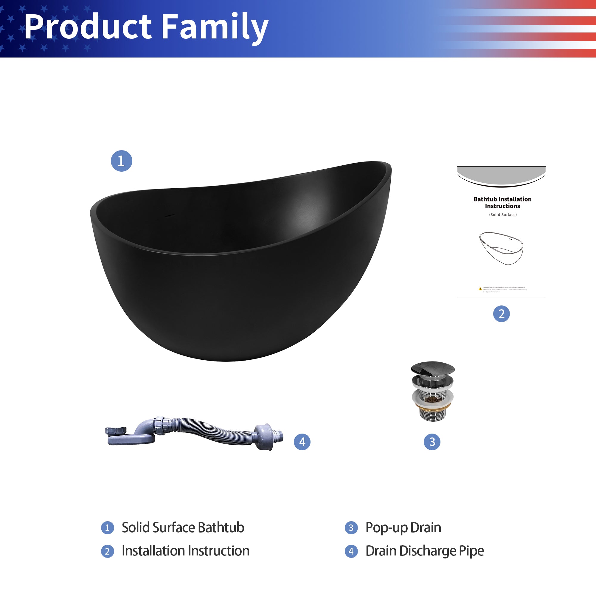 63" Oval Shaped Freestanding Solid Surface Soaking Bathtub with Overflow in Black RX-S04-63MB