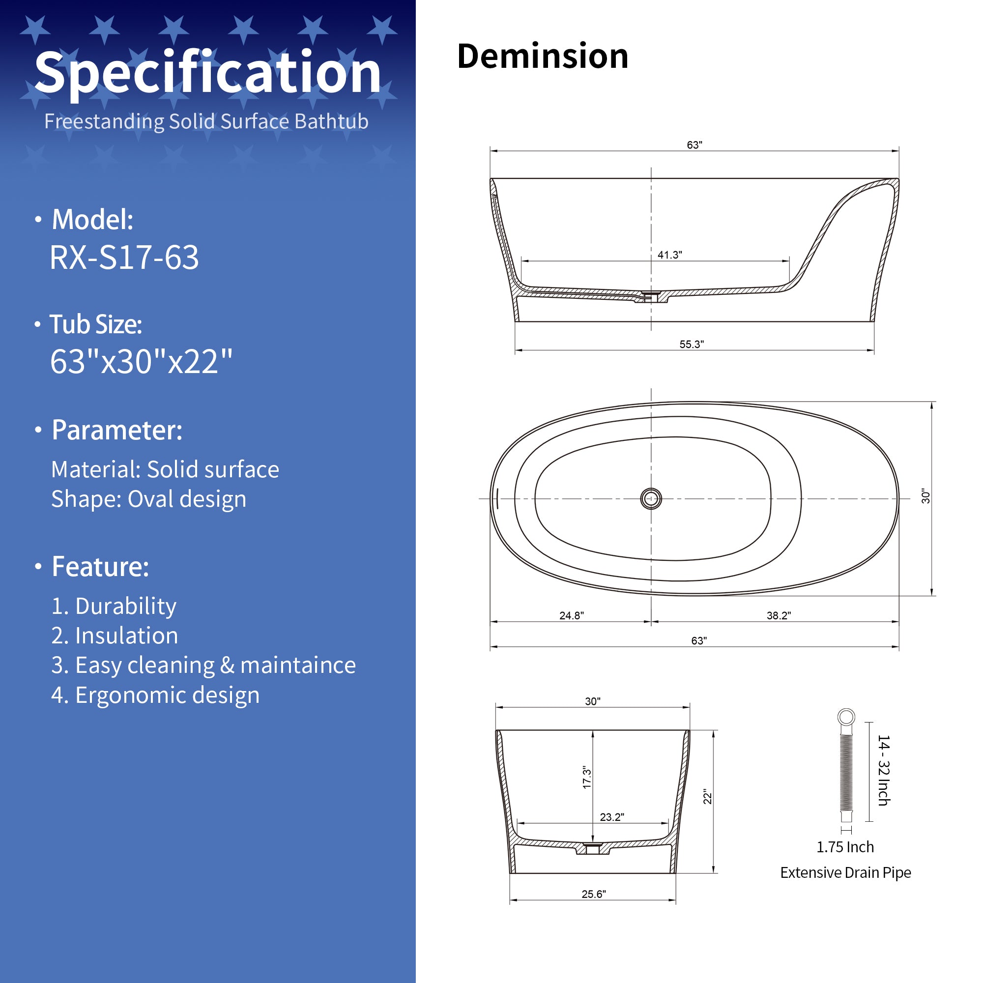 63" Freestanding Soaking Solid Surface Bathtub in White RX-S17-63