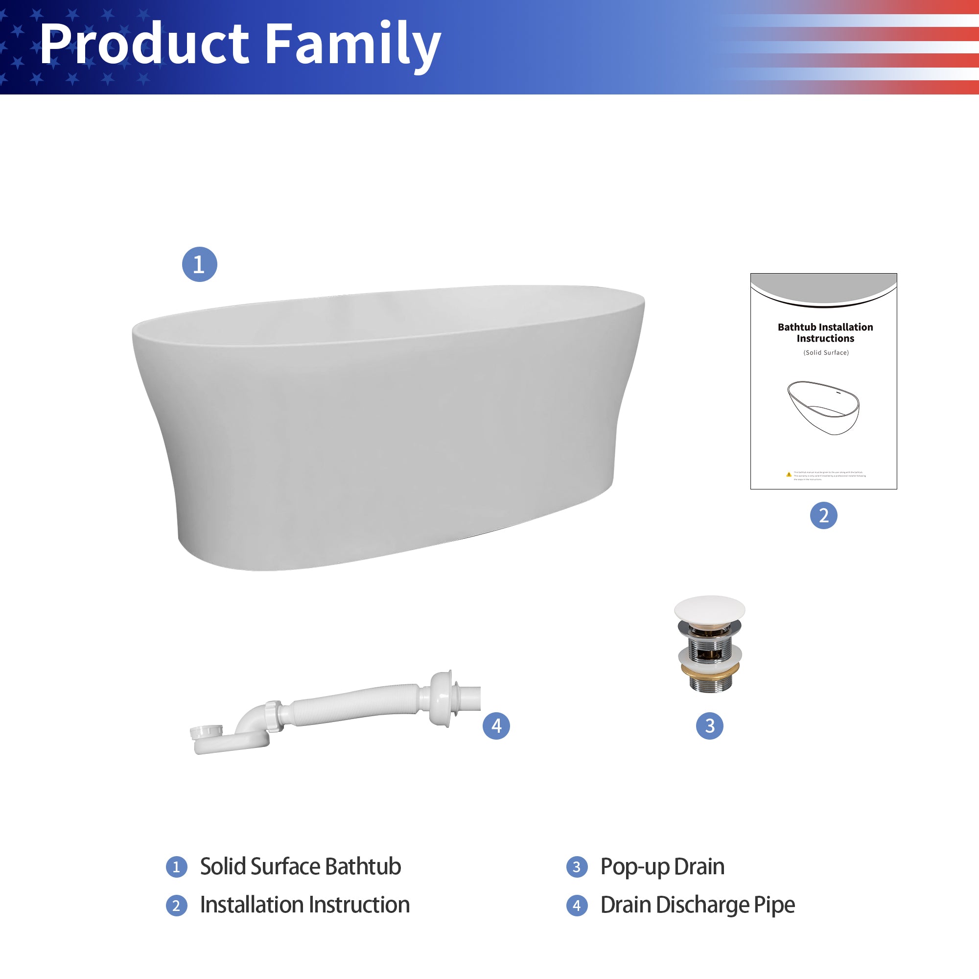 63" Freestanding Soaking Solid Surface Bathtub in White RX-S17-63