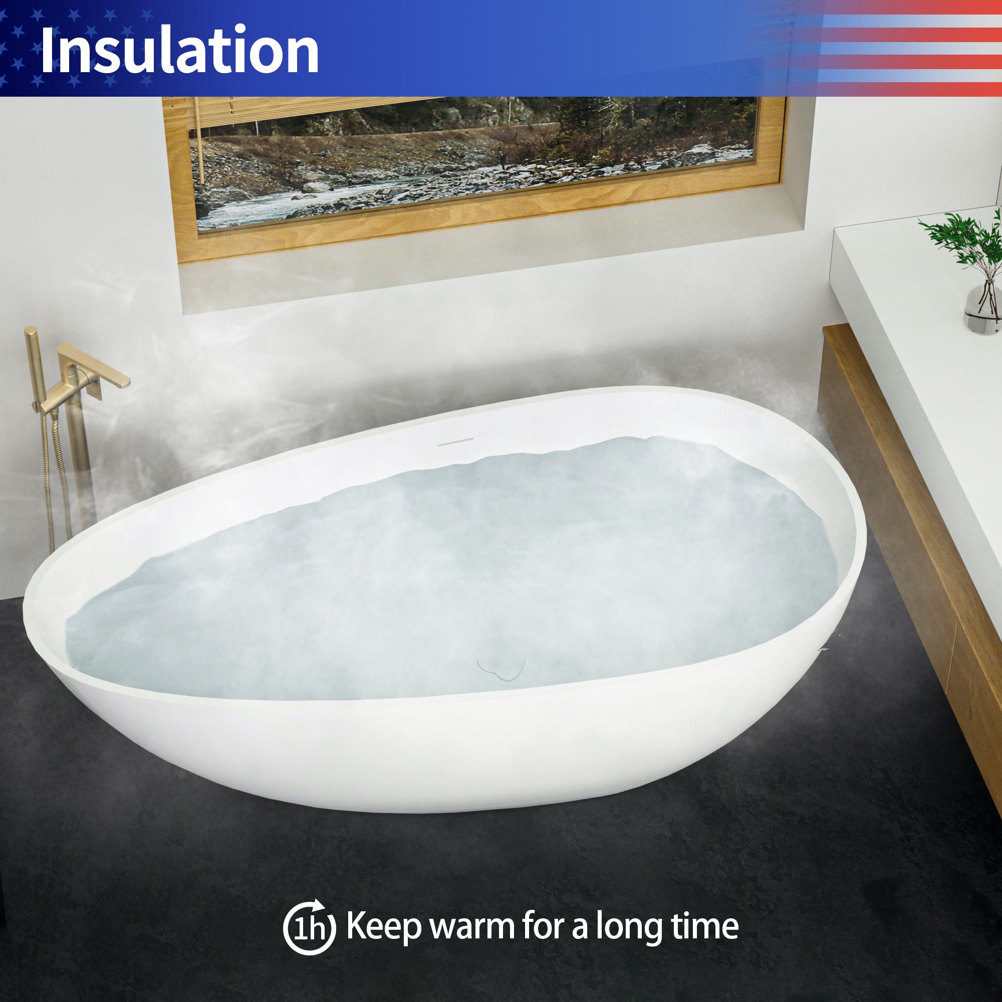 63" Freestanding Soaking Solid Surface Bathtub in White RX-S18-63