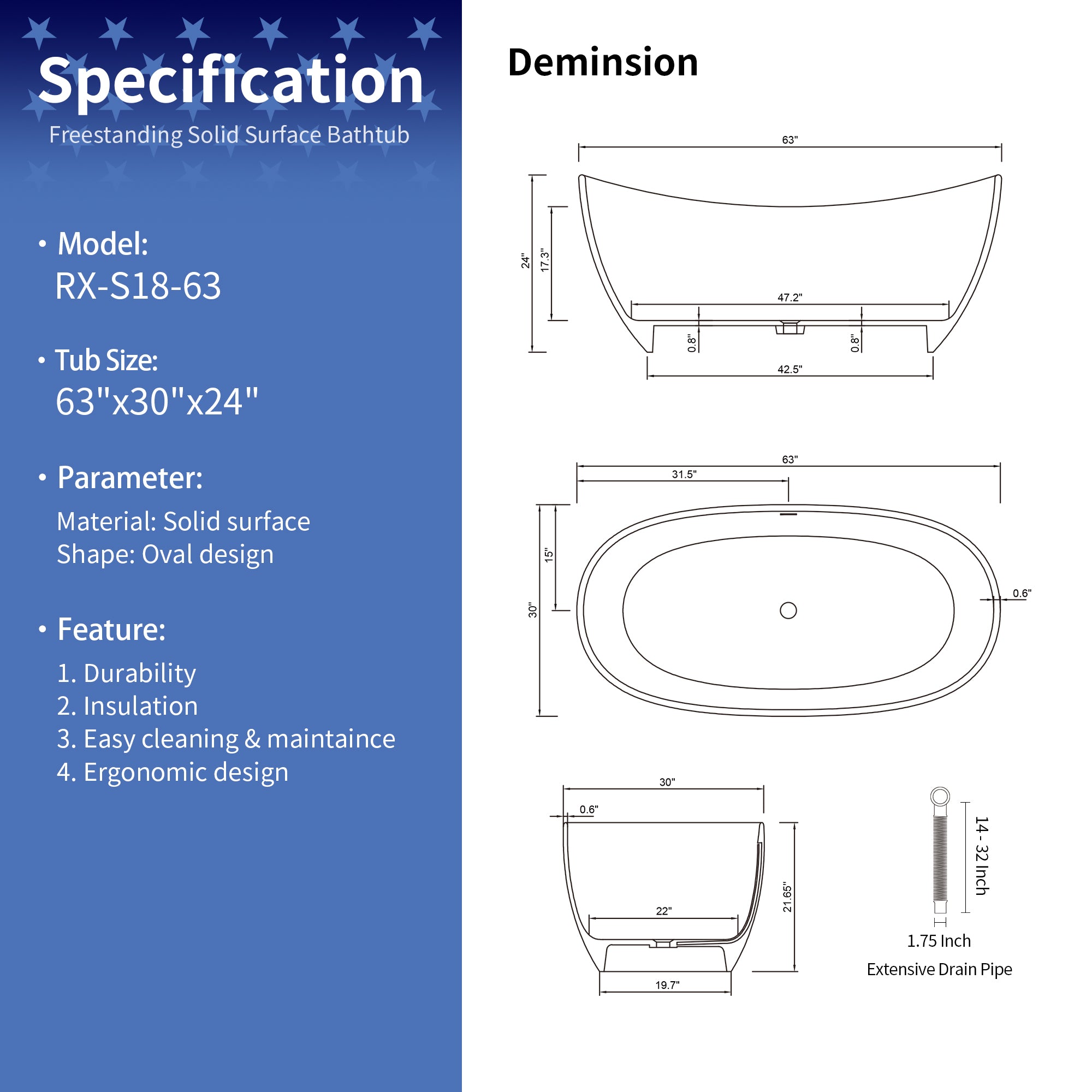 63" Freestanding Soaking Solid Surface Bathtub in White RX-S18-63